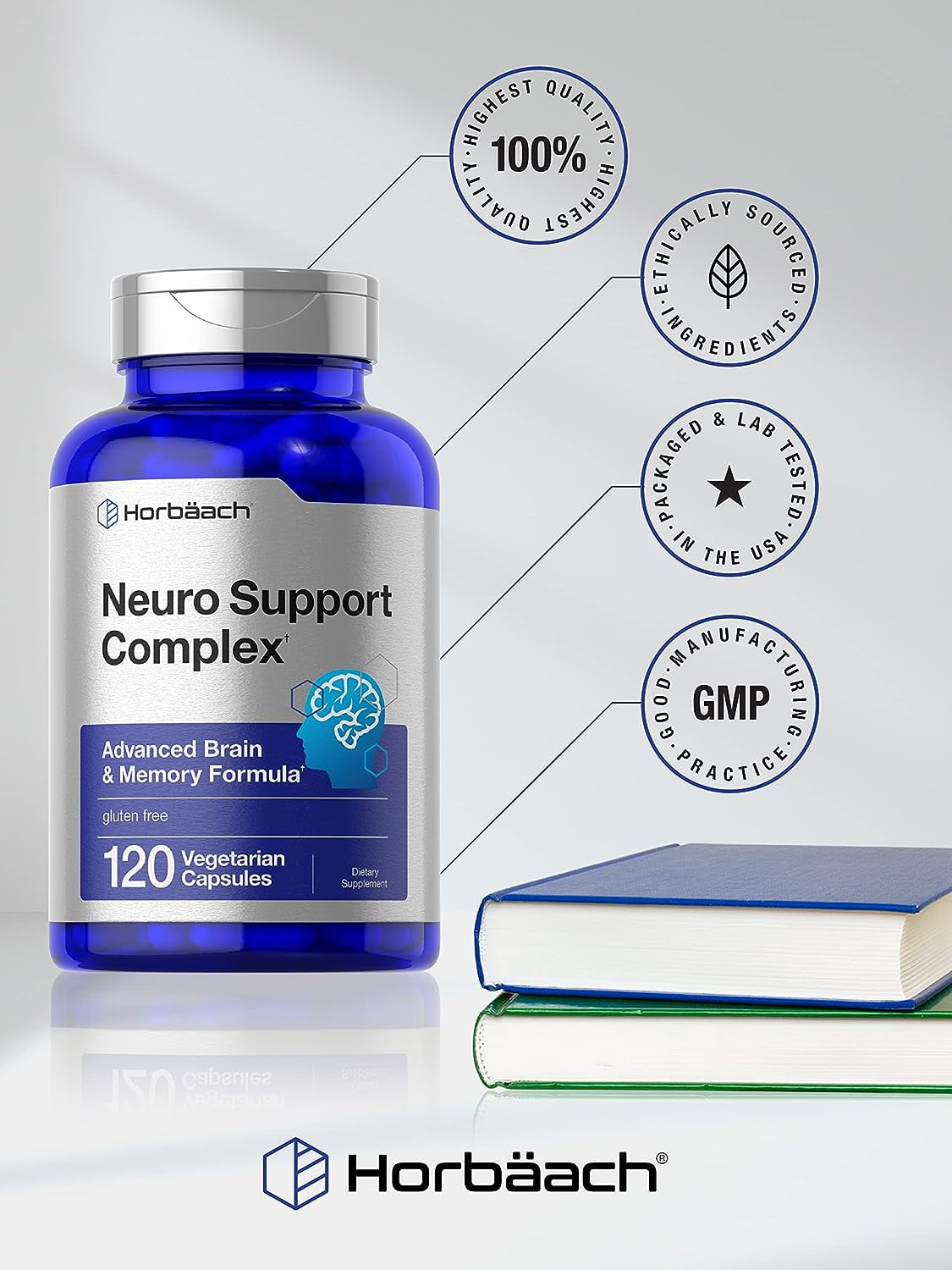 Horbaach Brain Support Supplement 120 Capsules Vegetarian Formula for Men and Women
