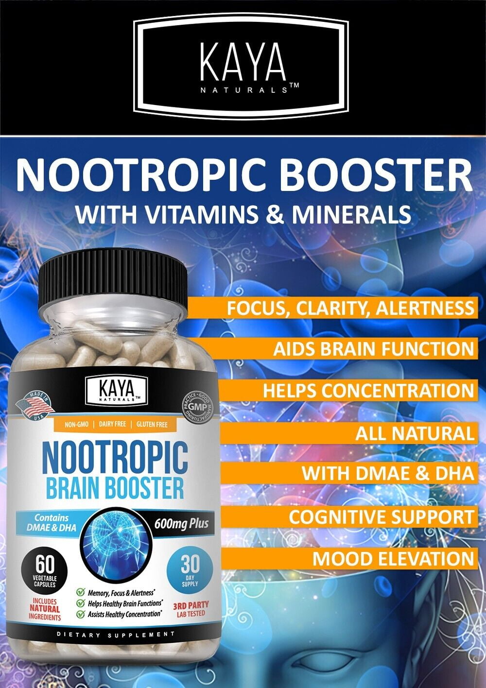 Kaya Naturals Nootropic Brain Booster 60ct Healthy Memory Support Supplement