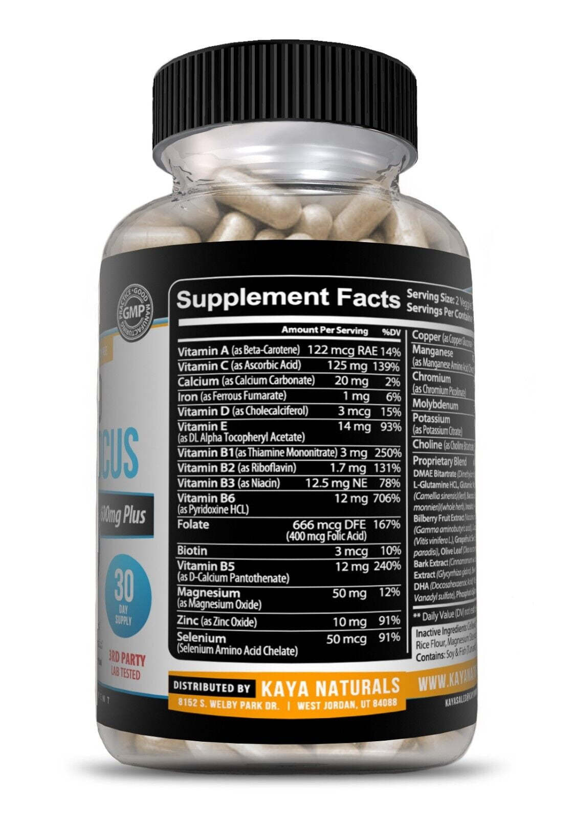 Kaya Naturals Nootropic Brain Booster 60ct Healthy Memory Support Supplement