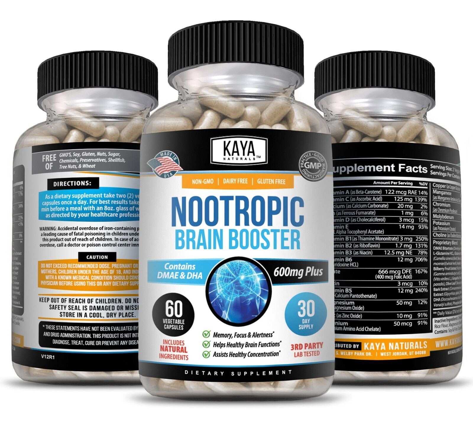 Kaya Naturals Nootropic Brain Booster 60ct Healthy Memory Support Supplement