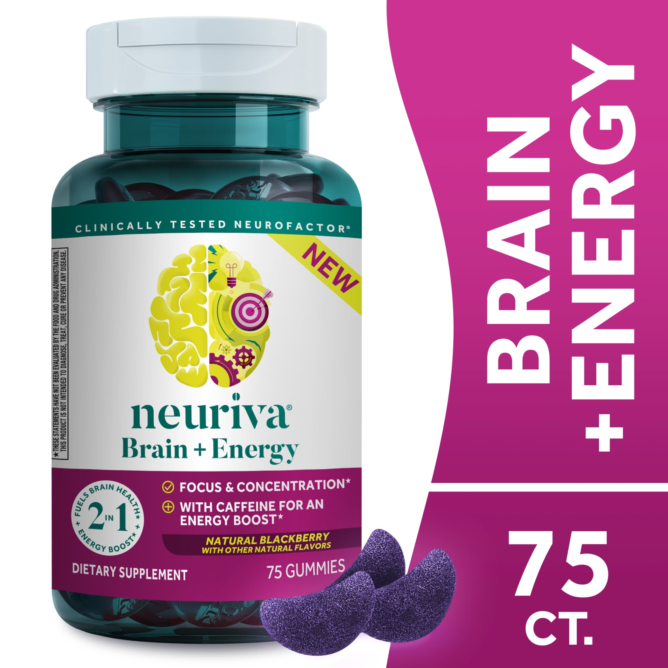Neuriva Brain Energy Supplement Vitamins B12 Focus Caffeine Energy Boost Blackberry 75ct Gummies