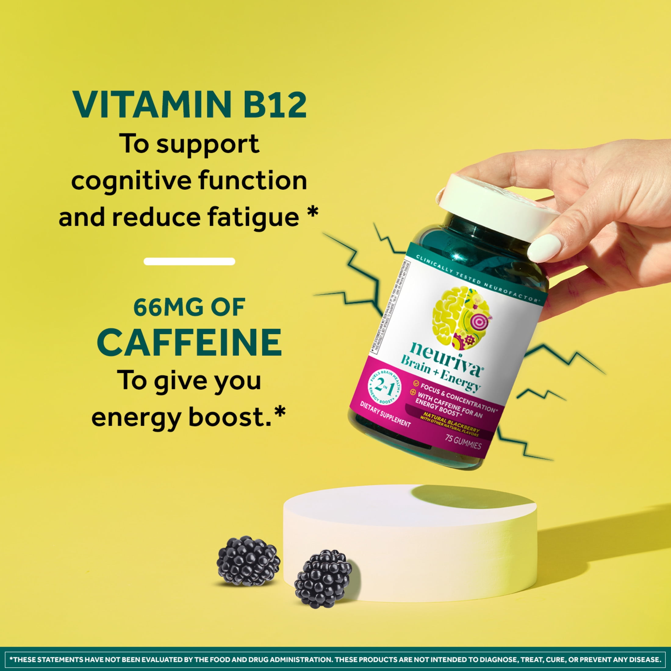 Neuriva Brain Energy Supplement Vitamins B12 Focus Caffeine Energy Boost Blackberry 75ct Gummies