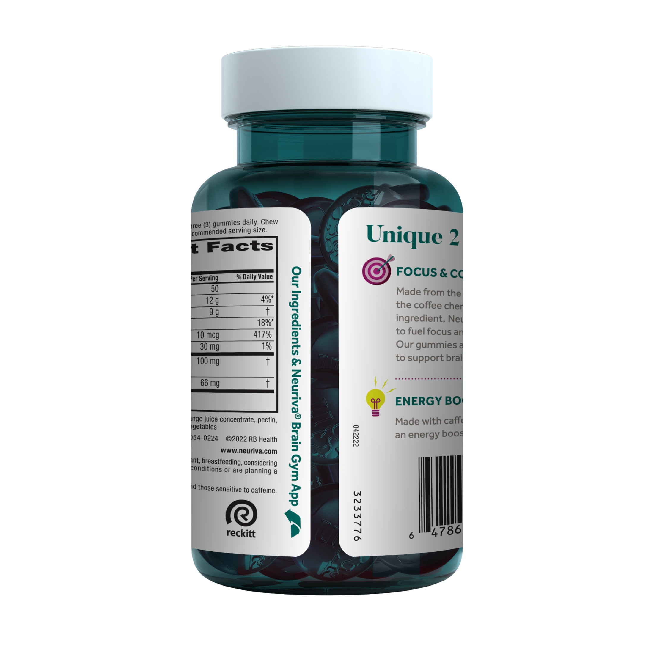 Neuriva Brain Energy Supplement Vitamins B12 Focus Caffeine Energy Boost Blackberry 75ct Gummies