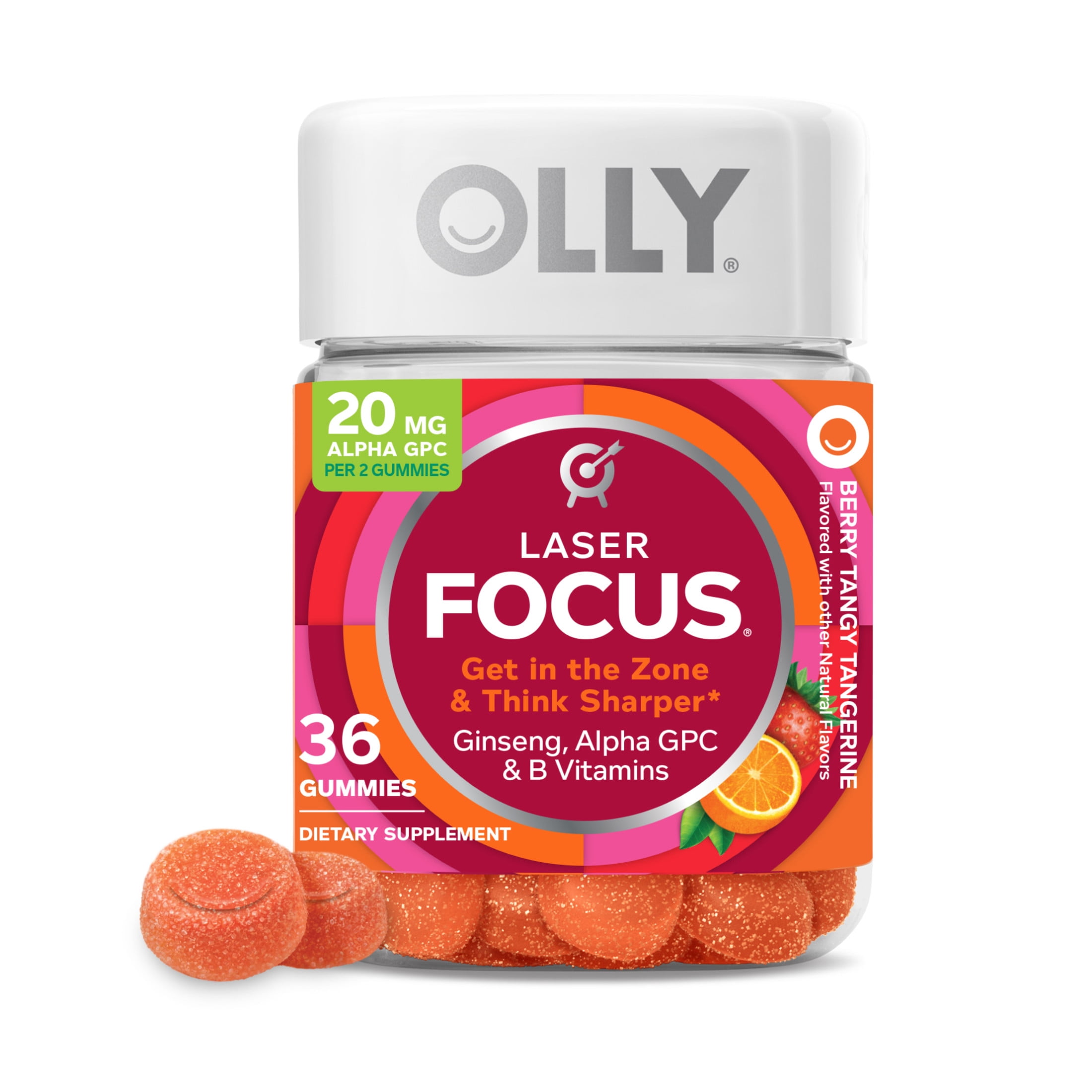 OLLY Laser Focus Gummy Ginseng Alpha GPC B Vitamin Cognitive Supplement Berry Tangerine 36 Ct