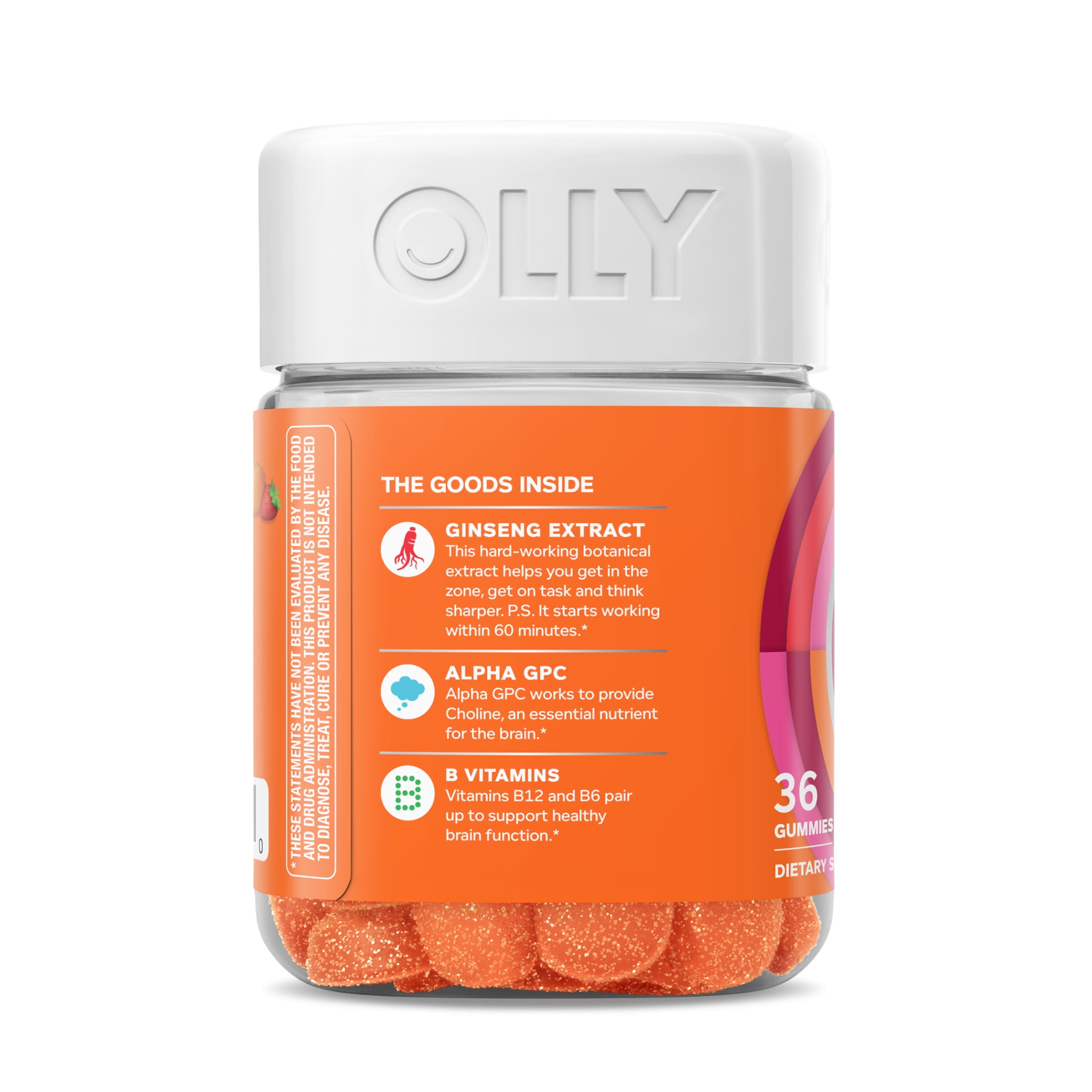 OLLY Laser Focus Gummy Ginseng Alpha GPC B Vitamin Cognitive Supplement Berry Tangerine 36 Ct