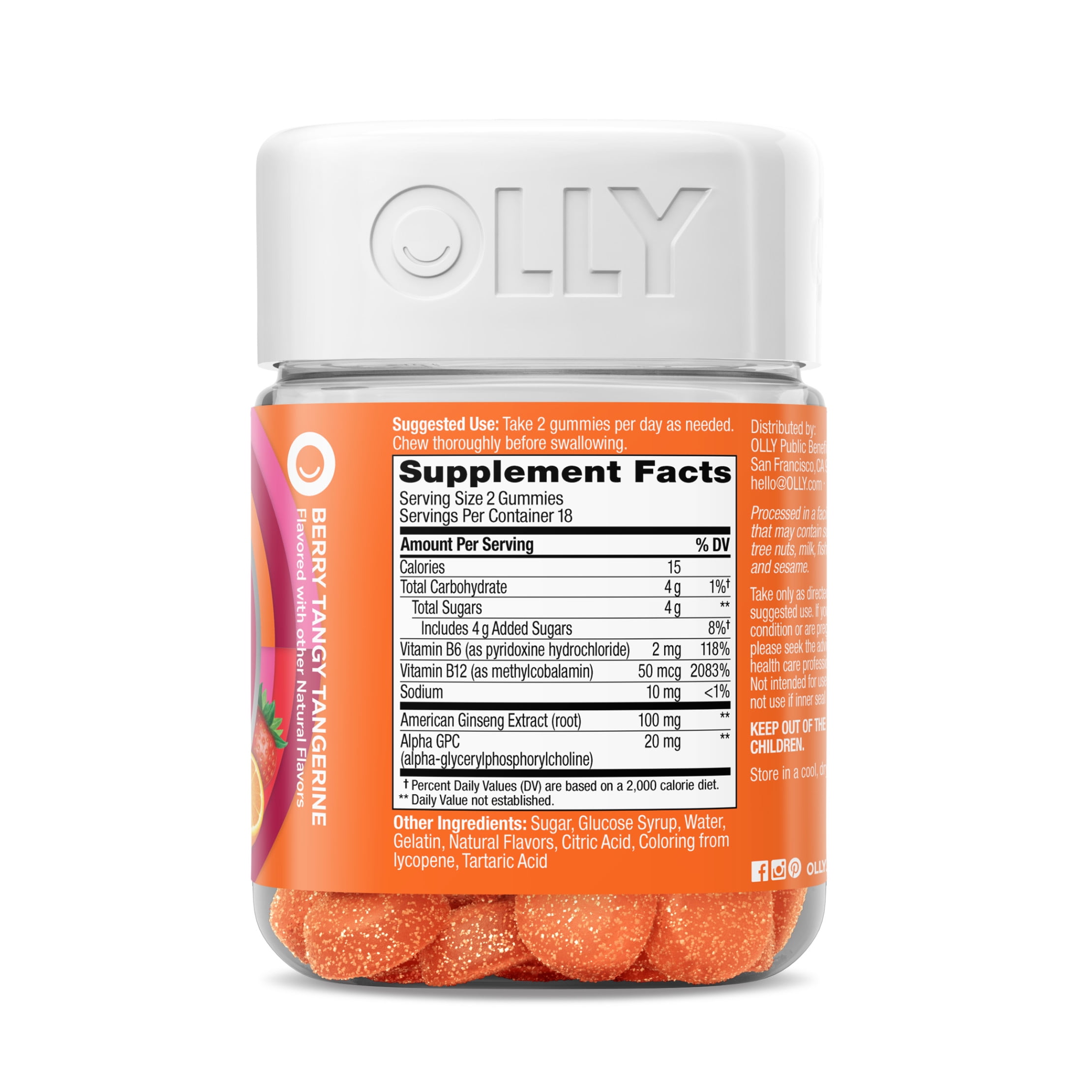OLLY Laser Focus Gummy Ginseng Alpha GPC B Vitamin Cognitive Supplement Berry Tangerine 36 Ct