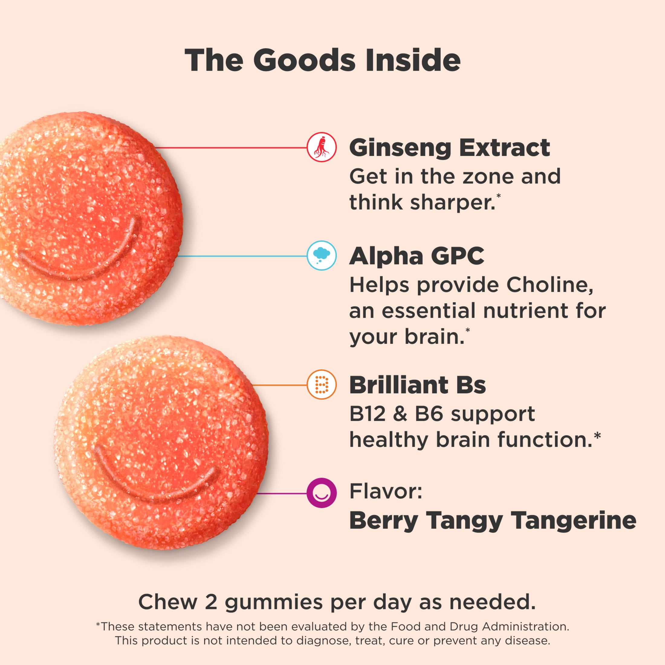OLLY Laser Focus Gummy Ginseng Alpha GPC B Vitamin Cognitive Supplement Berry Tangerine 36 Ct