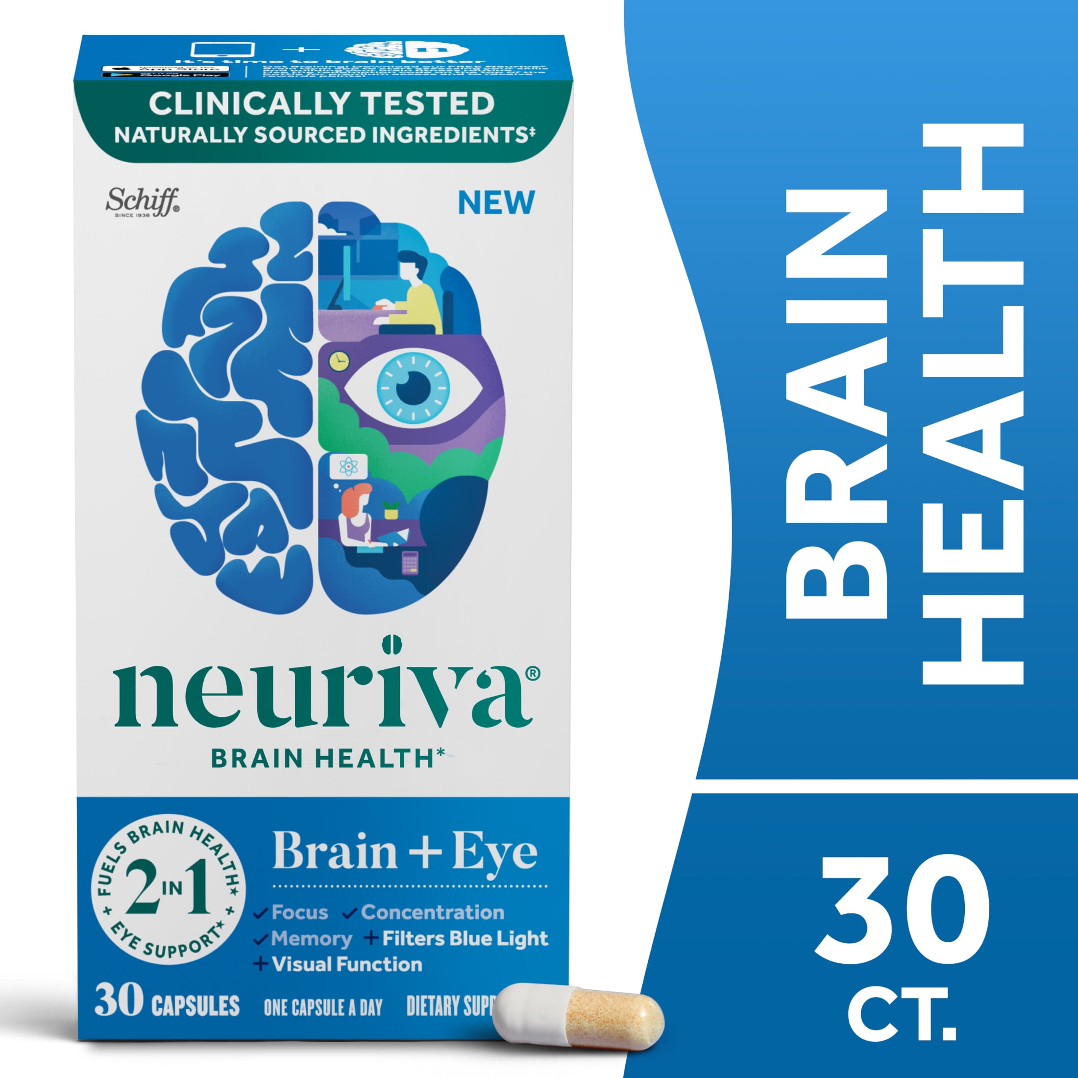 Neuriva Brain Eye Health Supplement Support for Brain Health & Eye 30ct Capsules