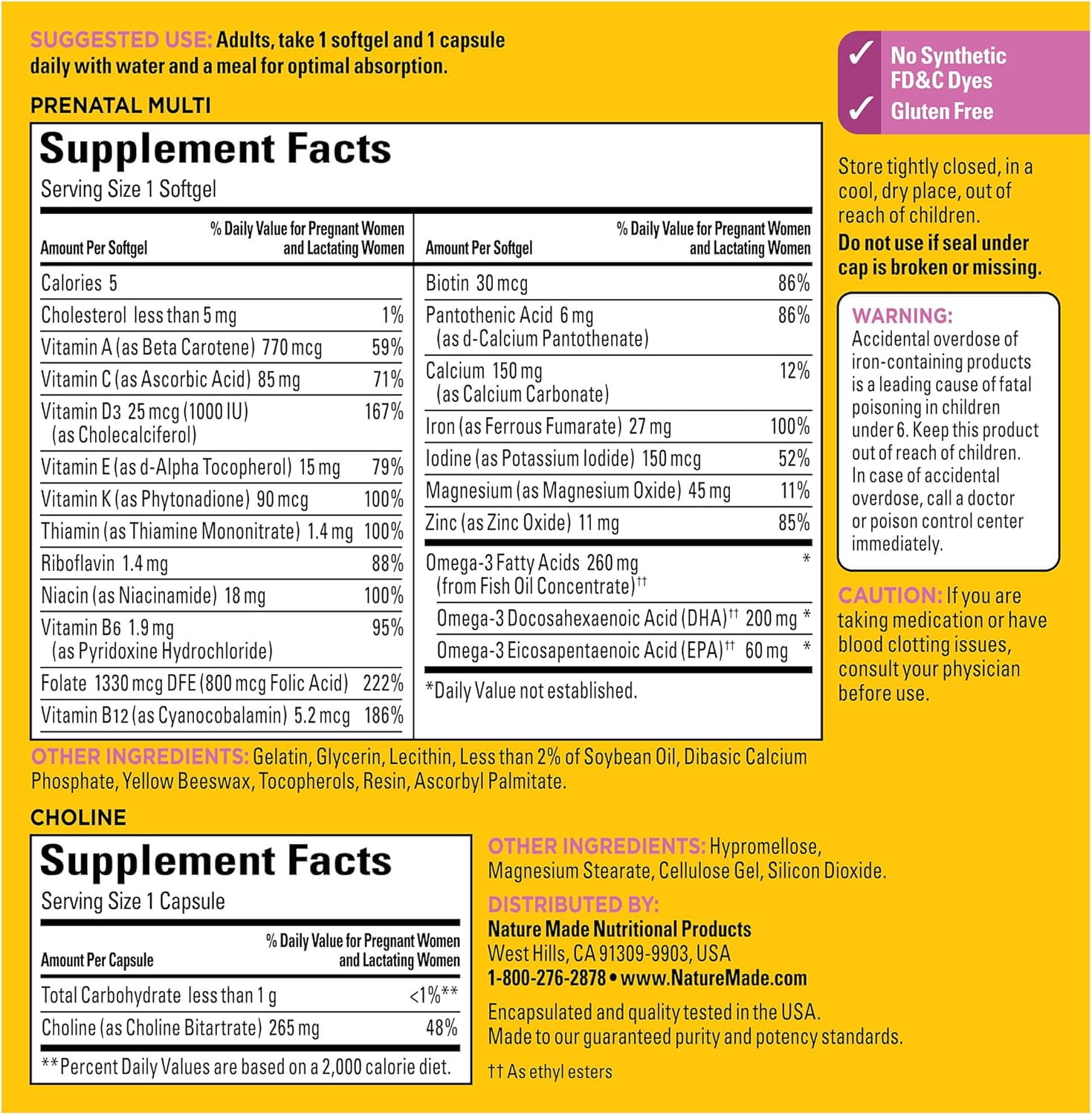 Nature Made Prenatal Multivitamins Choline Capsules Folic Acid DHA 60 Count