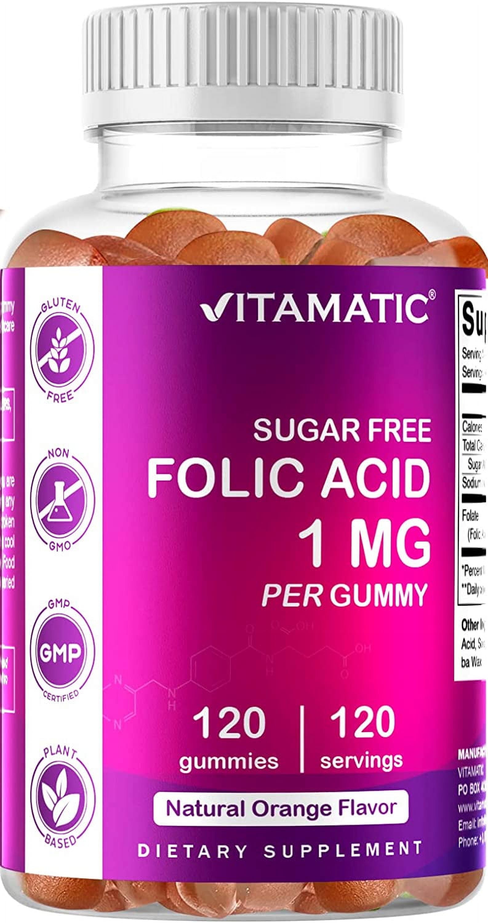 Vitamatic Folic Acid Gummies 1000 mcg (1 mg) Essential Prenatal Vitamins Mom Baby Vitamin B9 120 Vegan Gummies.