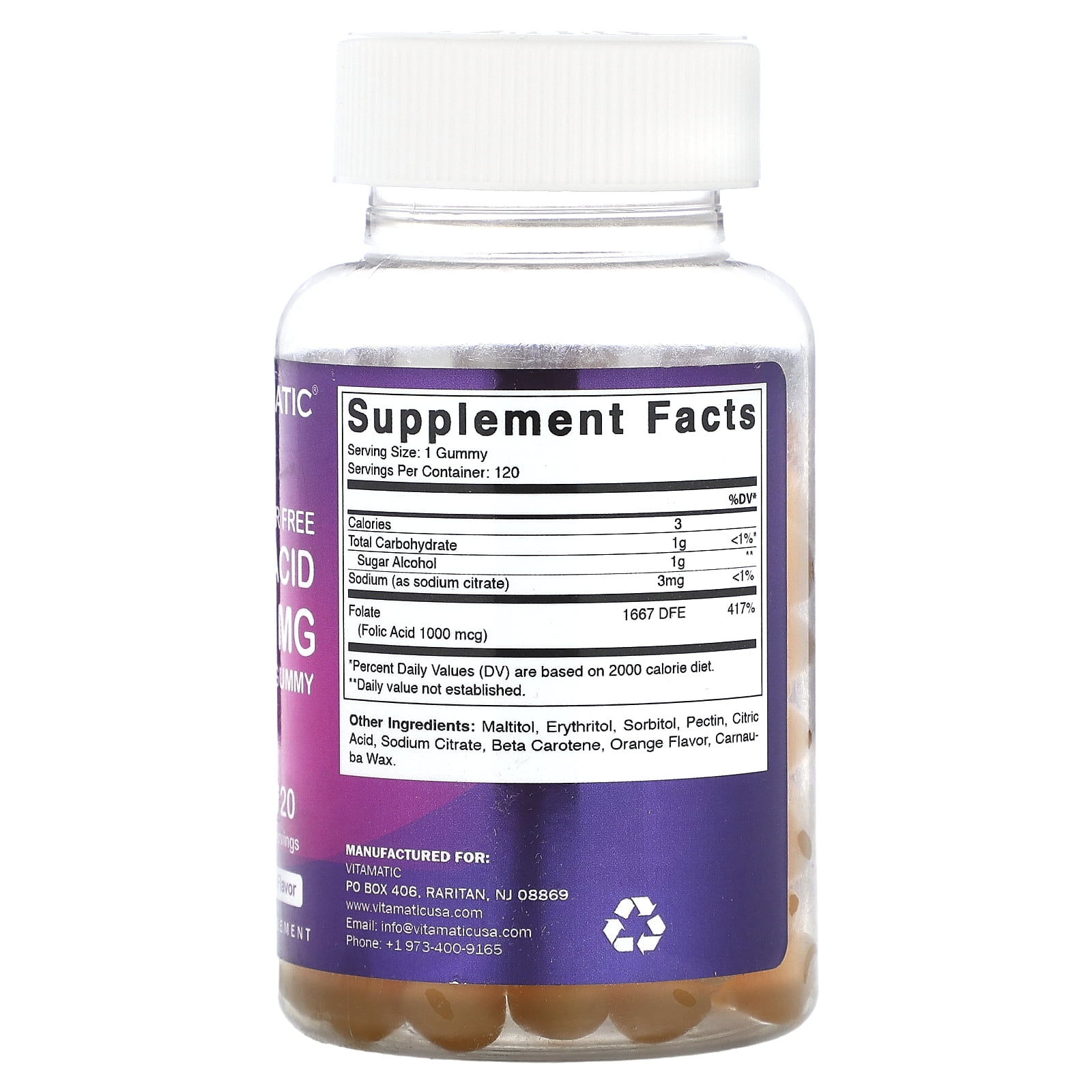 Vitamatic Folic Acid Gummies 1000 mcg (1 mg) Essential Prenatal Vitamins Mom Baby Vitamin B9 120 Vegan Gummies.