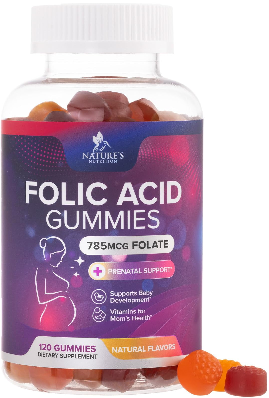 Nature's Nutrition Prenatal Folic Acid Gummies 785mcg for Mom & Baby - Vegan Folate Supplement