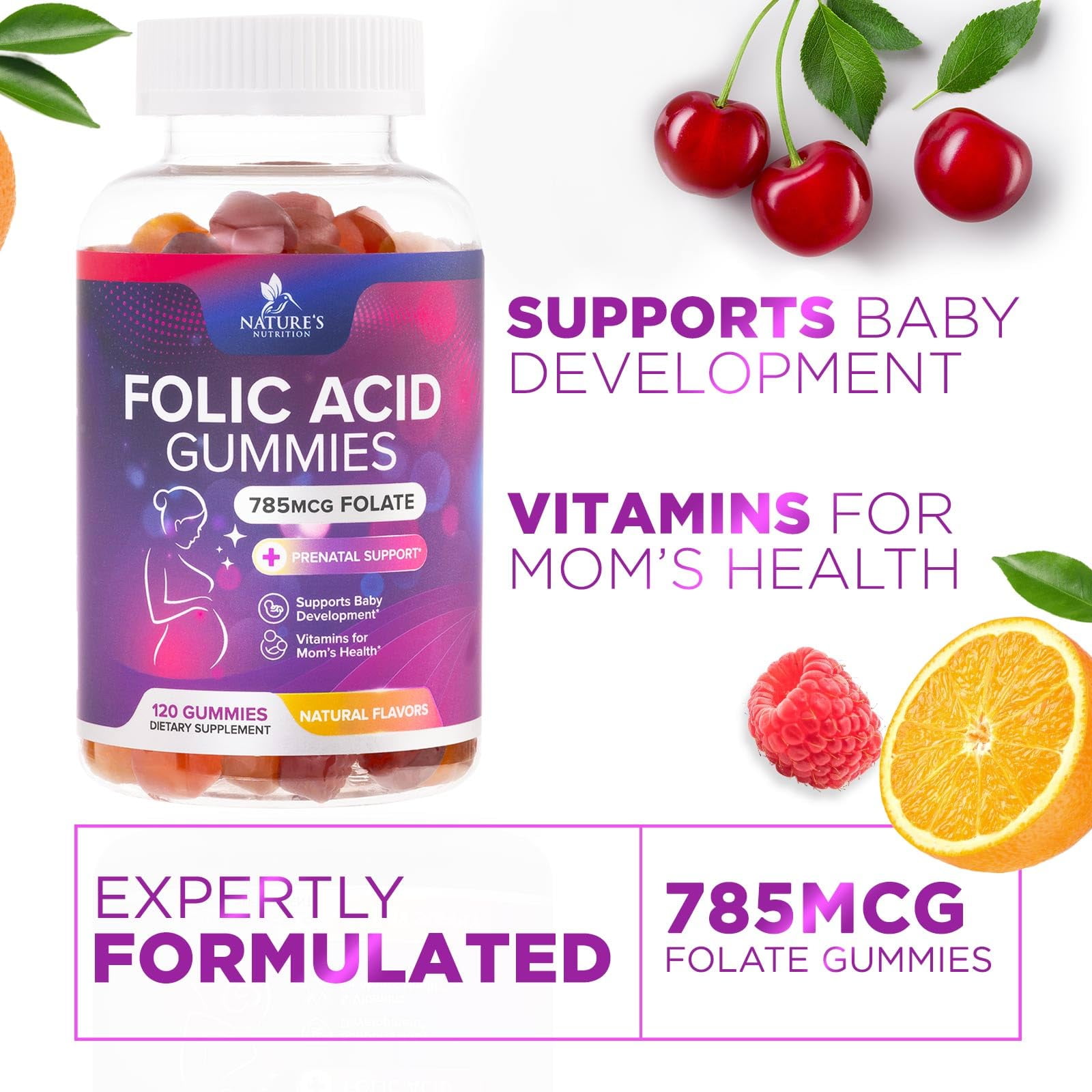 Nature's Nutrition Prenatal Folic Acid Gummies 785mcg for Mom & Baby - Vegan Folate Supplement