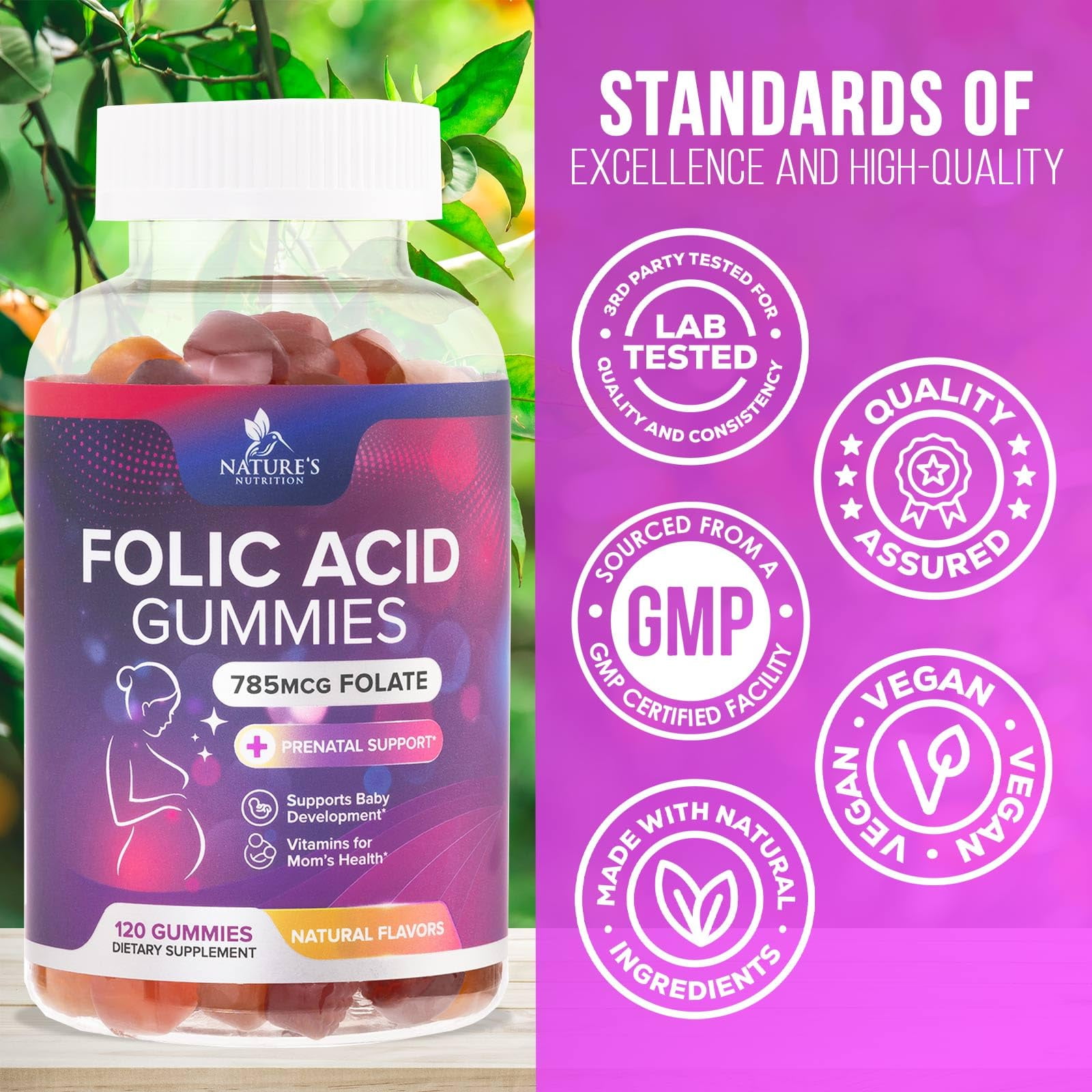 Nature's Nutrition Prenatal Folic Acid Gummies 785mcg for Mom & Baby - Vegan Folate Supplement