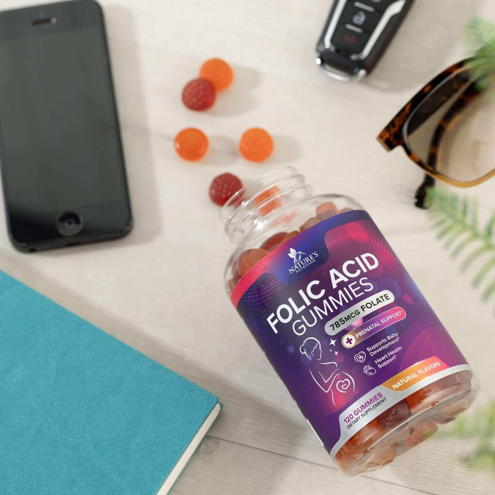 Nature's Nutrition Prenatal Folic Acid Gummies 785mcg for Mom & Baby - Vegan Folate Supplement