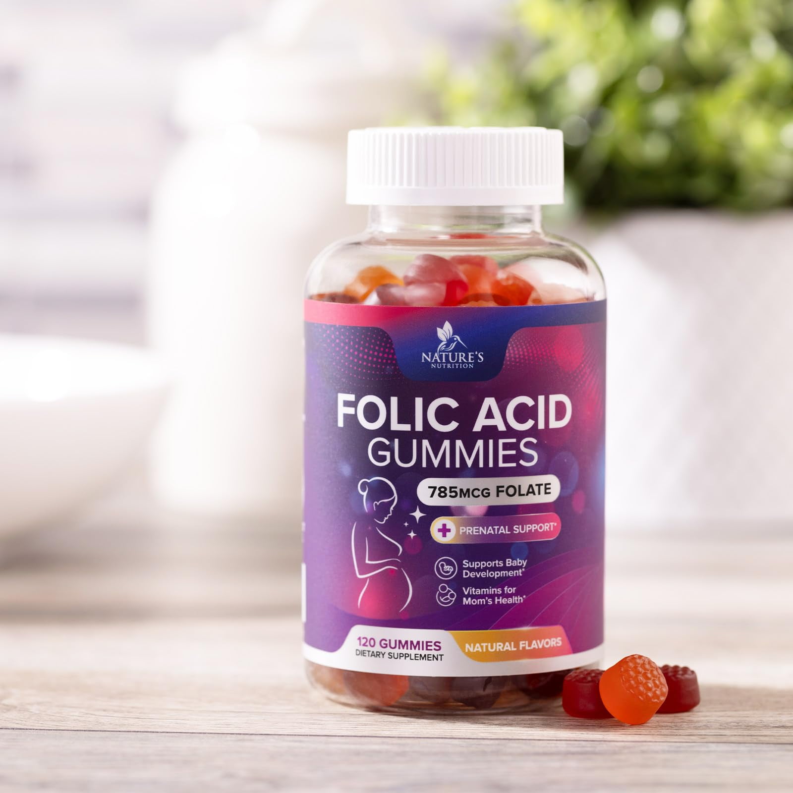 Nature's Nutrition Prenatal Folic Acid Gummies 785mcg for Mom & Baby - Vegan Folate Supplement