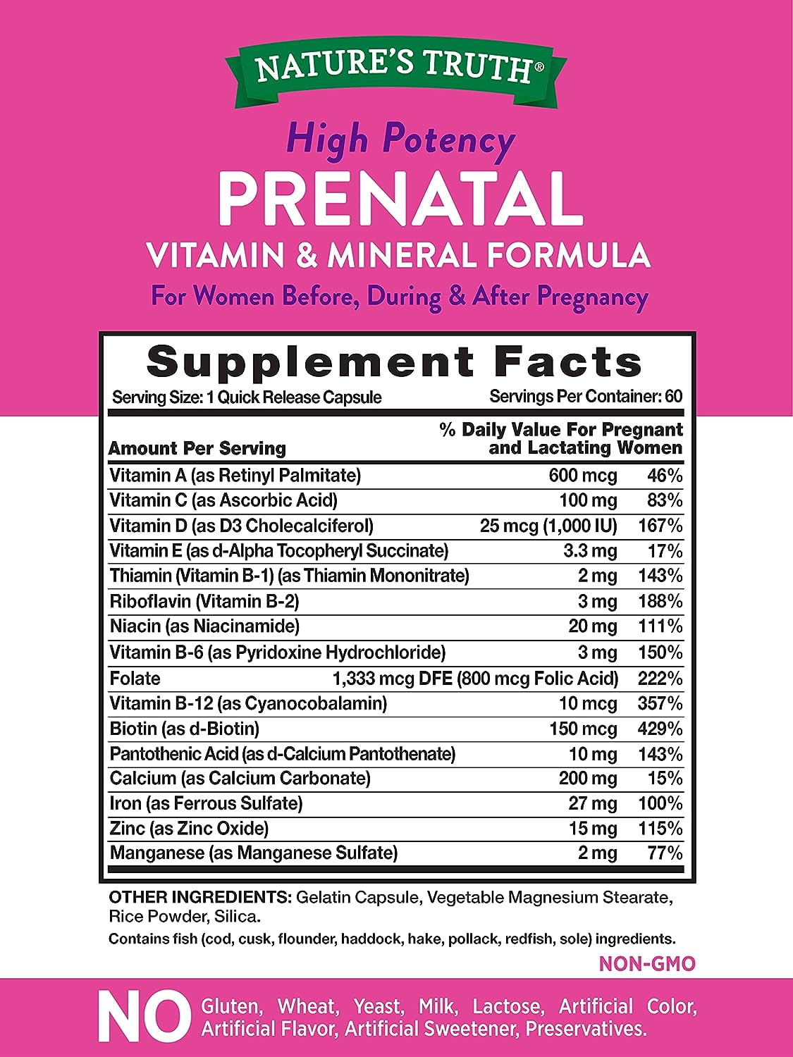 Nature's Truth Prenatal Vitamins Folic Acid 60 Capsules Non-GMO Gluten Free