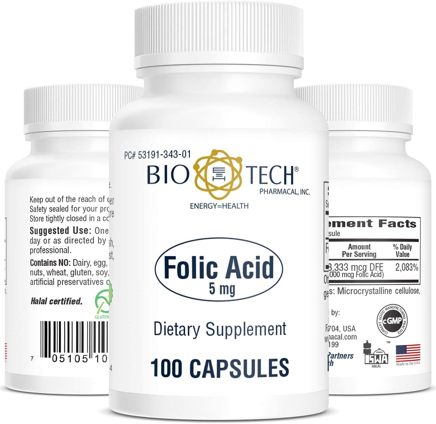 BIO-TECH PHARMACAL FOLIC ACID 5MG 100 CAPSULES ALL-NATURAL SUPPLEMENT SUPPORTS CARDIOVASCULAR NERVOUS SYSTEM PRENATAL HEALTH DAIRY FISH GLUTEN PEANUT SHELLFISH GMOS HALAL SOY FRIENDLY UNIQUE SEO