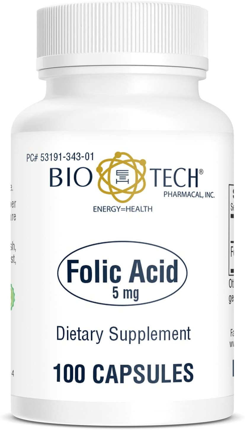 BIO-TECH PHARMACAL FOLIC ACID 5MG 100 CAPSULES ALL-NATURAL SUPPLEMENT SUPPORTS CARDIOVASCULAR NERVOUS SYSTEM PRENATAL HEALTH DAIRY FISH GLUTEN PEANUT SHELLFISH GMOS HALAL SOY FRIENDLY UNIQUE SEO