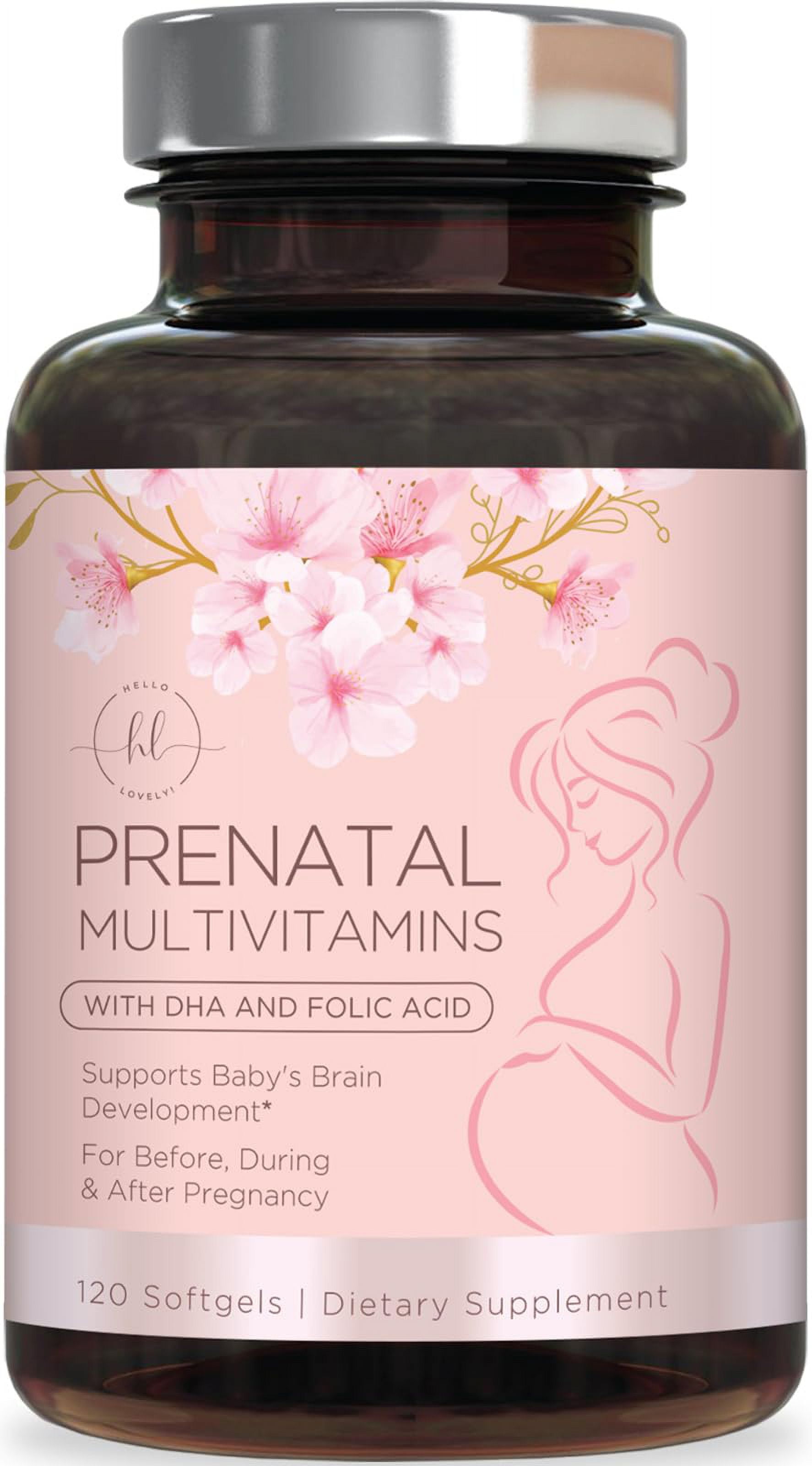 HELLO LOVELY PREGNANCY SUPPORT MULTIVITAMIN WITH FOLIC ACID DHA FOLATE OMEGA 3 VITAMIN D3 B6 B12 IRON FOR MOM AND BABY 120 SOFTGELS