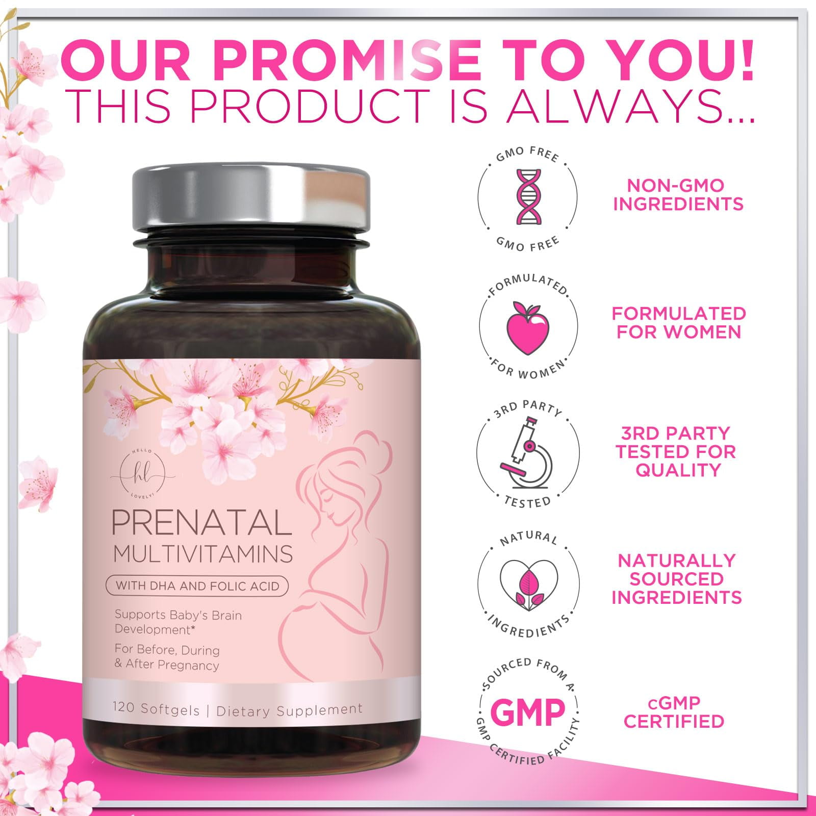 HELLO LOVELY PREGNANCY SUPPORT MULTIVITAMIN WITH FOLIC ACID DHA FOLATE OMEGA 3 VITAMIN D3 B6 B12 IRON FOR MOM AND BABY 120 SOFTGELS