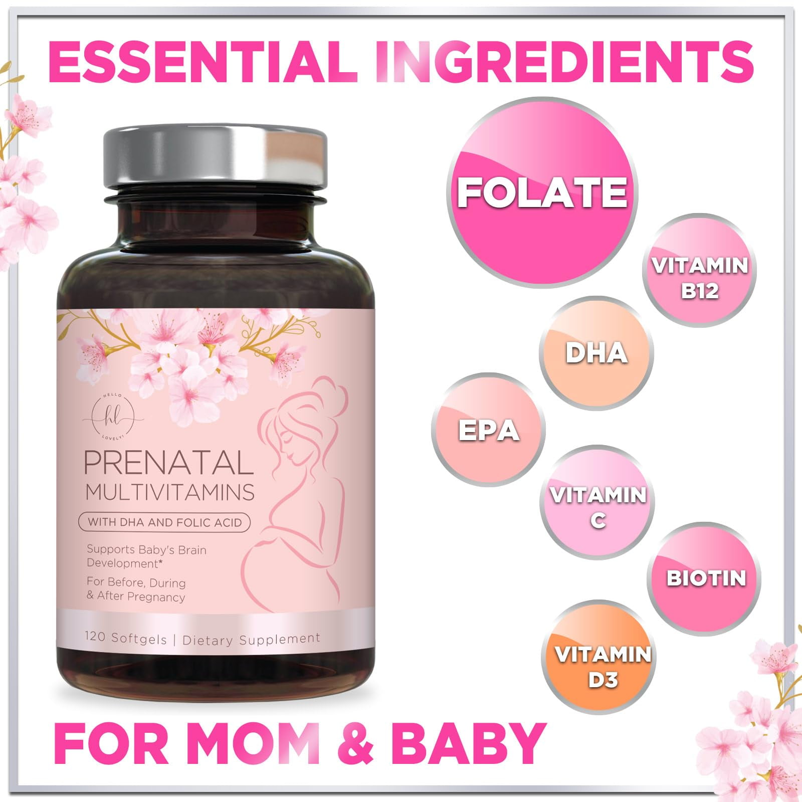 HELLO LOVELY PRENATAL MULTIVITAMIN VITAMINAS DE EMBARAZO ULTRA FUERTES PARA MUJERES CON ÁCIDO FóLICO HIERRO DHA VITAMINA C E SUPLEMENTO PRENATAL PARA APOYO NUTRICIONAL DIARIO 120 CáPSULAS BLANDAS