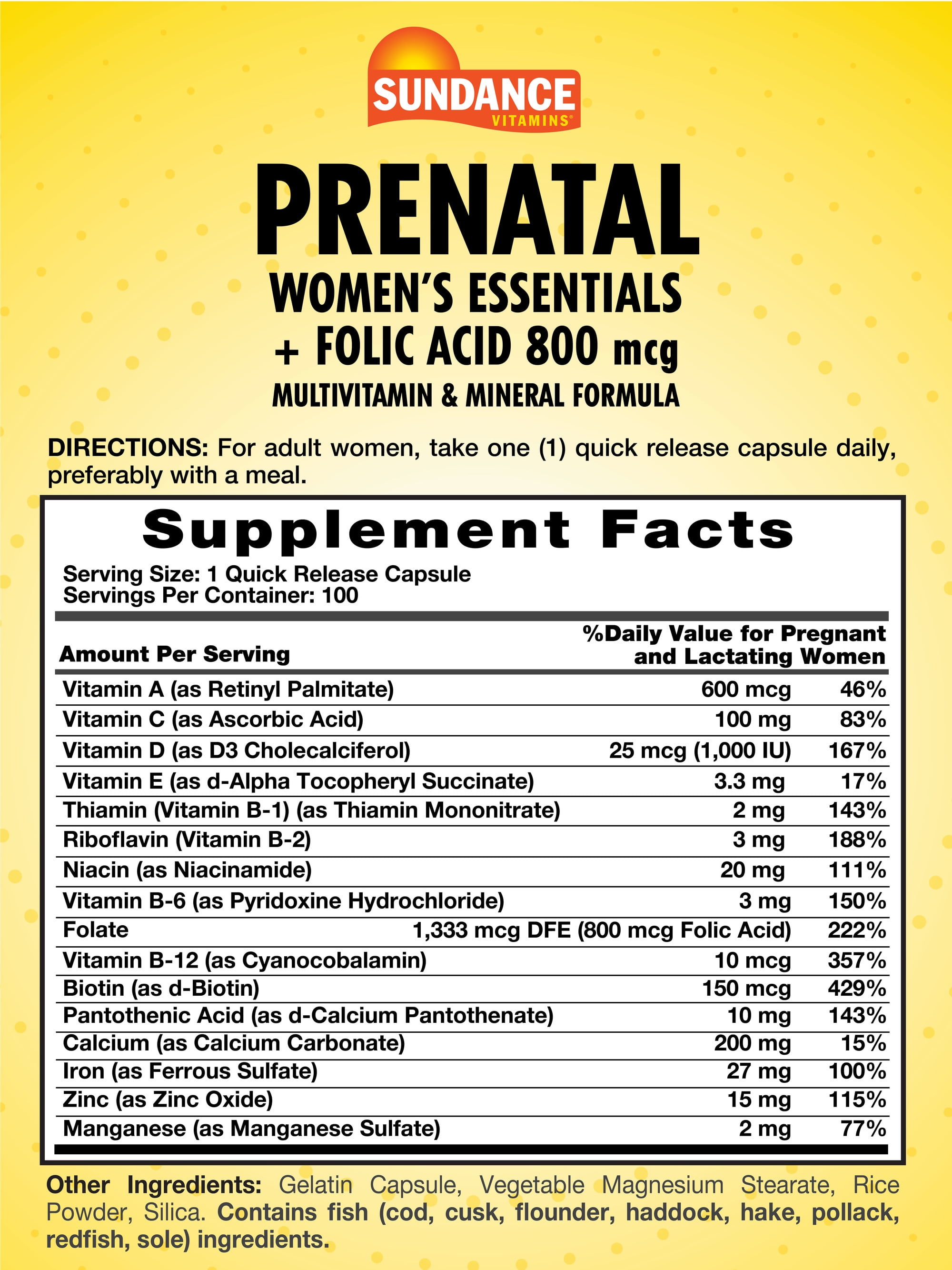 SUNDANCE PRENATAL MULTIVITAMIN MINERAL FORMULA 100 QUICK RELEASE CAPSULES FOLIC ACID 800 MCG NON-GMO GLUTEN FREE WOMEN