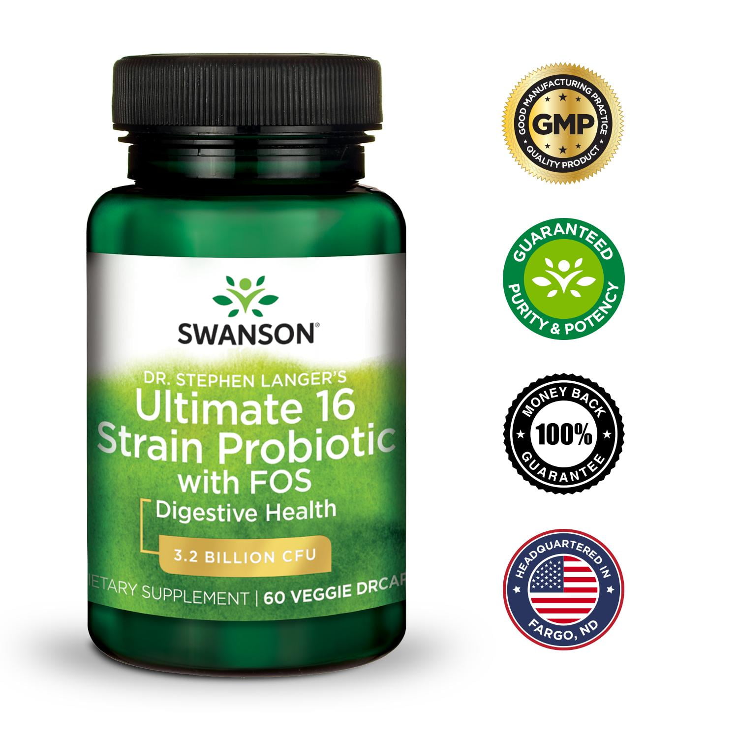 Swanson Dr. Stephen Langer Ultimate 16 Strain Probiotic Prebiotic Fos Veg Caps 3.2B Cfu 60 Count.