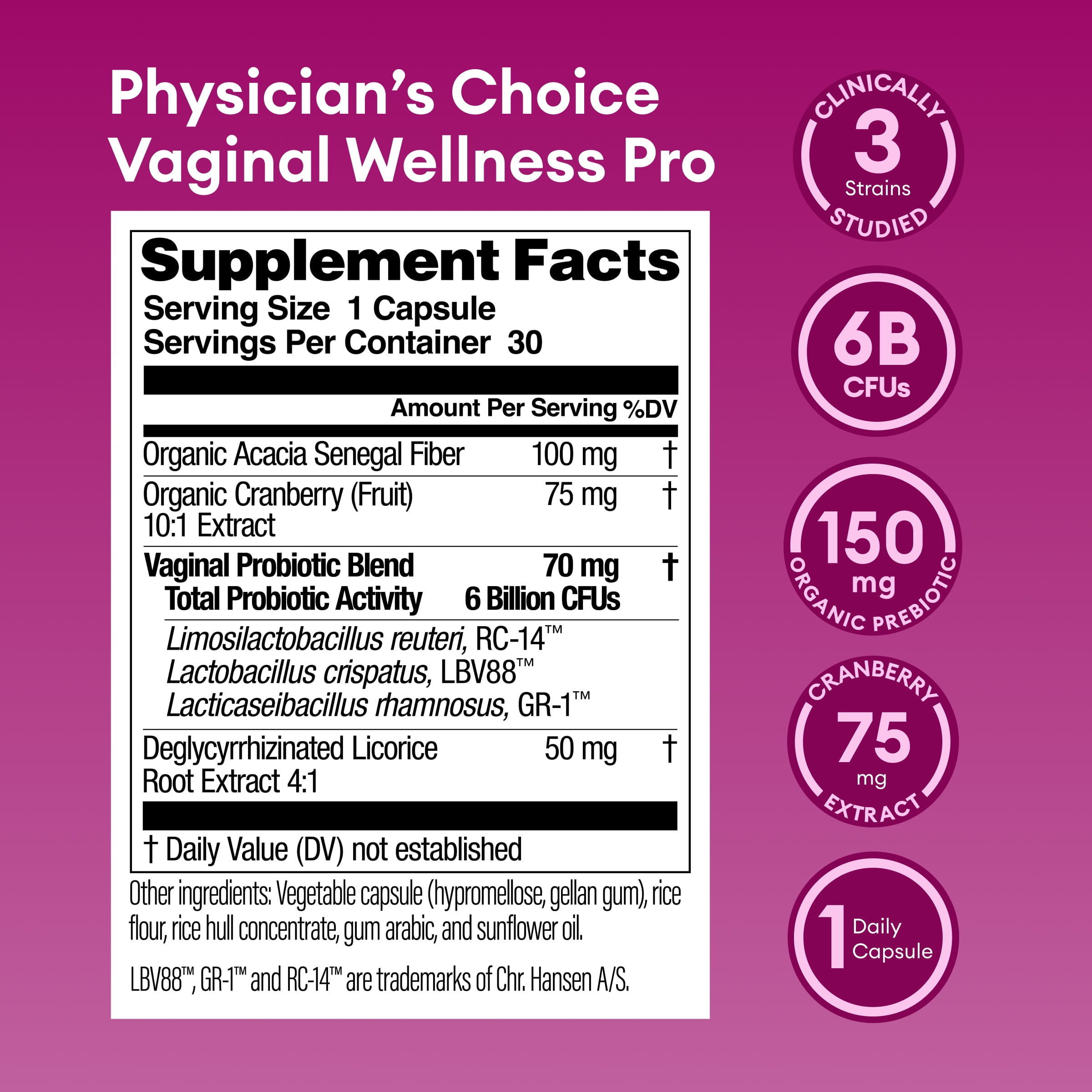Physician's Choice Women's Vaginal Probiotics - Licorice Root PH Balance Odor Control Yeast Vaginal Microbiome Health 6B CFU 30 Count