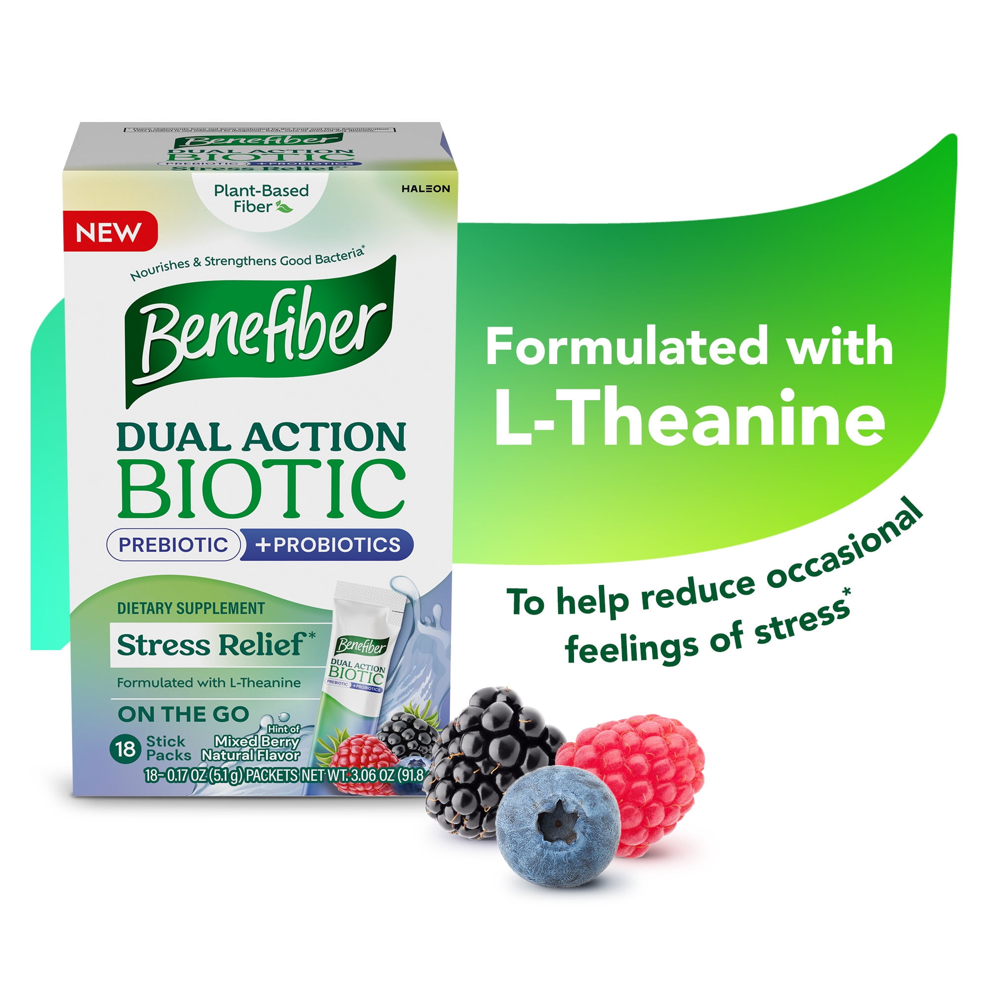 Benefiber Dual Action Biotic Prebiotic Probiotic Fiber Supplement Stress Relief 18 Count Stick Packs