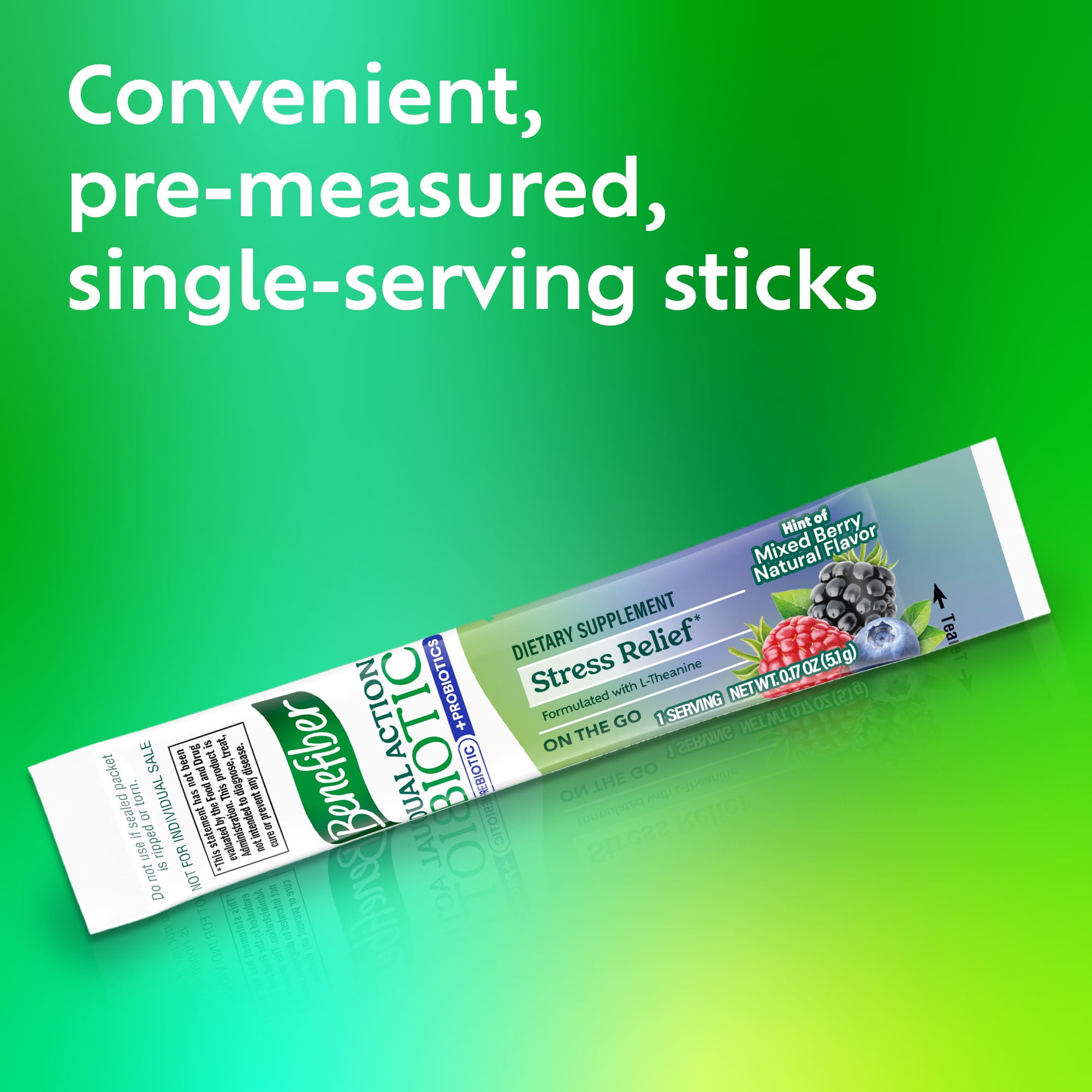 Benefiber Dual Action Biotic Prebiotic Probiotic Fiber Supplement Stress Relief 18 Count Stick Packs