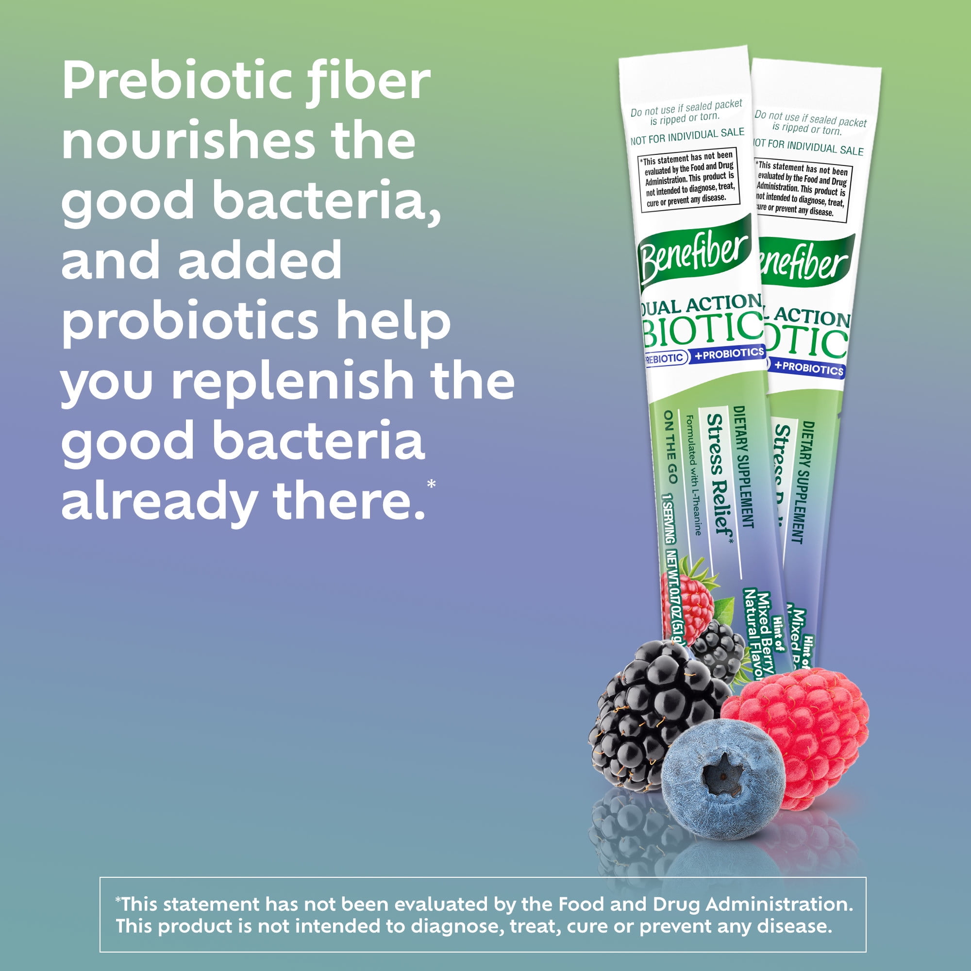 Benefiber Dual Action Biotic Prebiotic Probiotic Fiber Supplement Stress Relief 18 Count Stick Packs