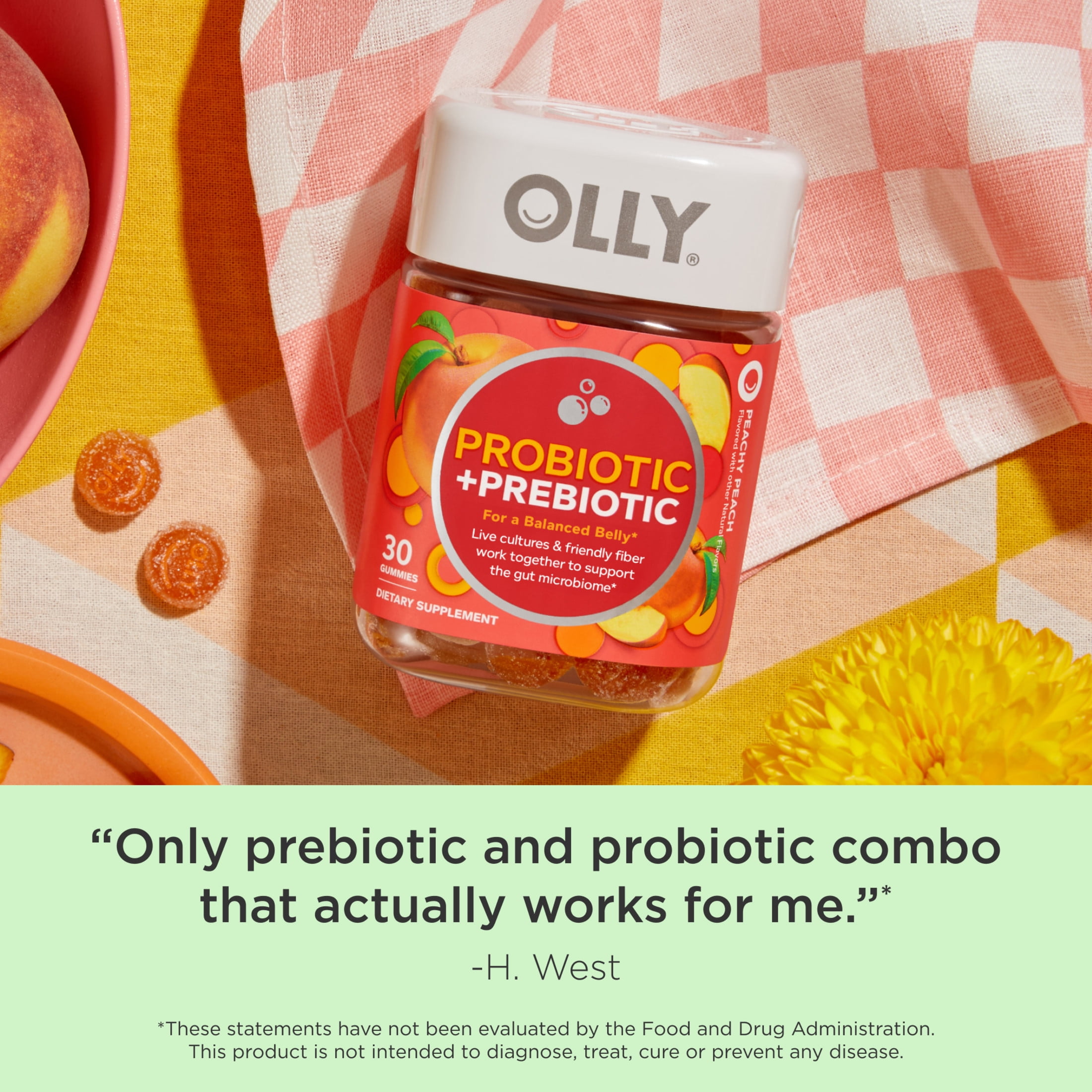 OLLY Probiotic Prebiotic Fiber Gummy Digestive Gut Health Supplement Peach 30 Ct