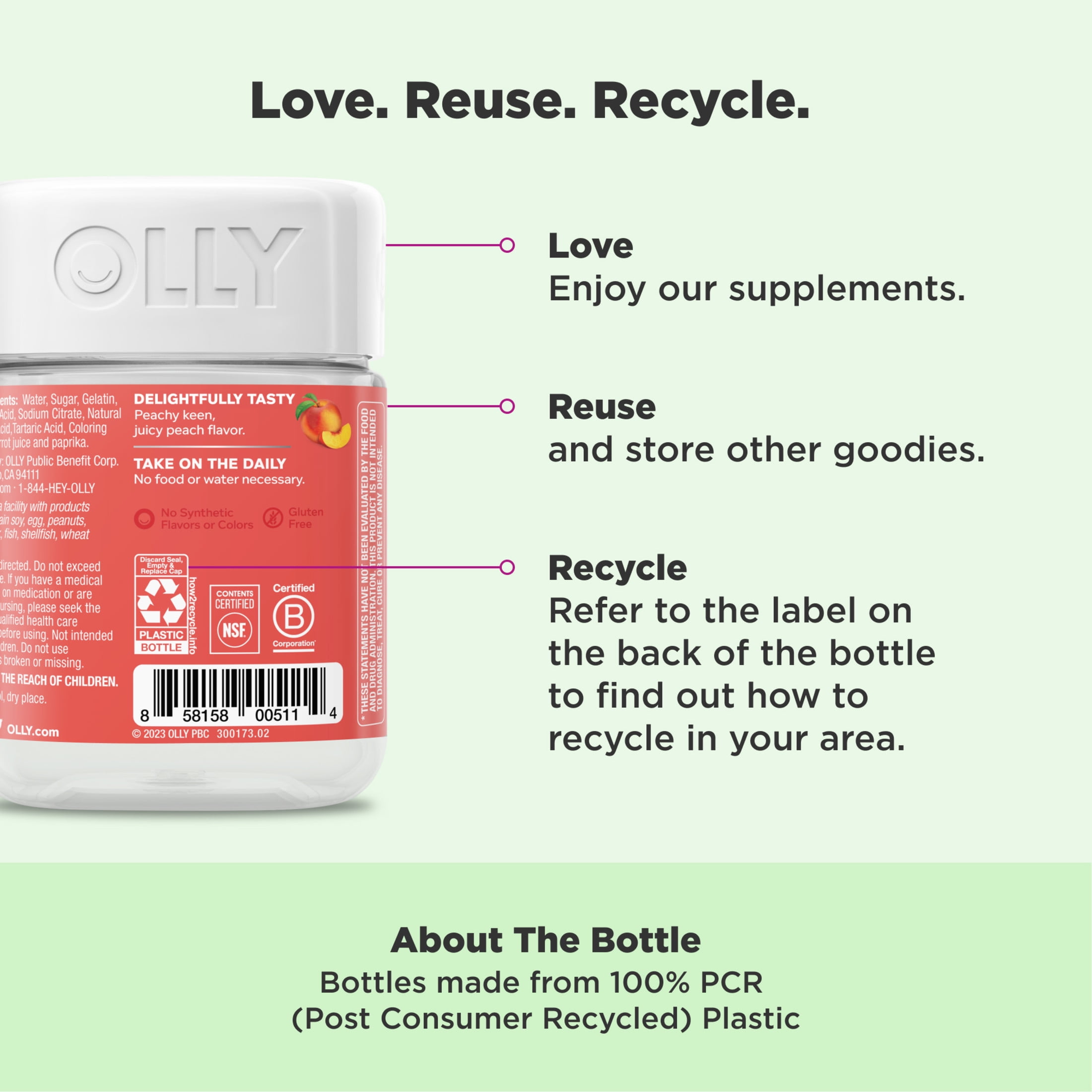 OLLY Probiotic Prebiotic Fiber Gummy Digestive Gut Health Supplement Peach 30 Ct