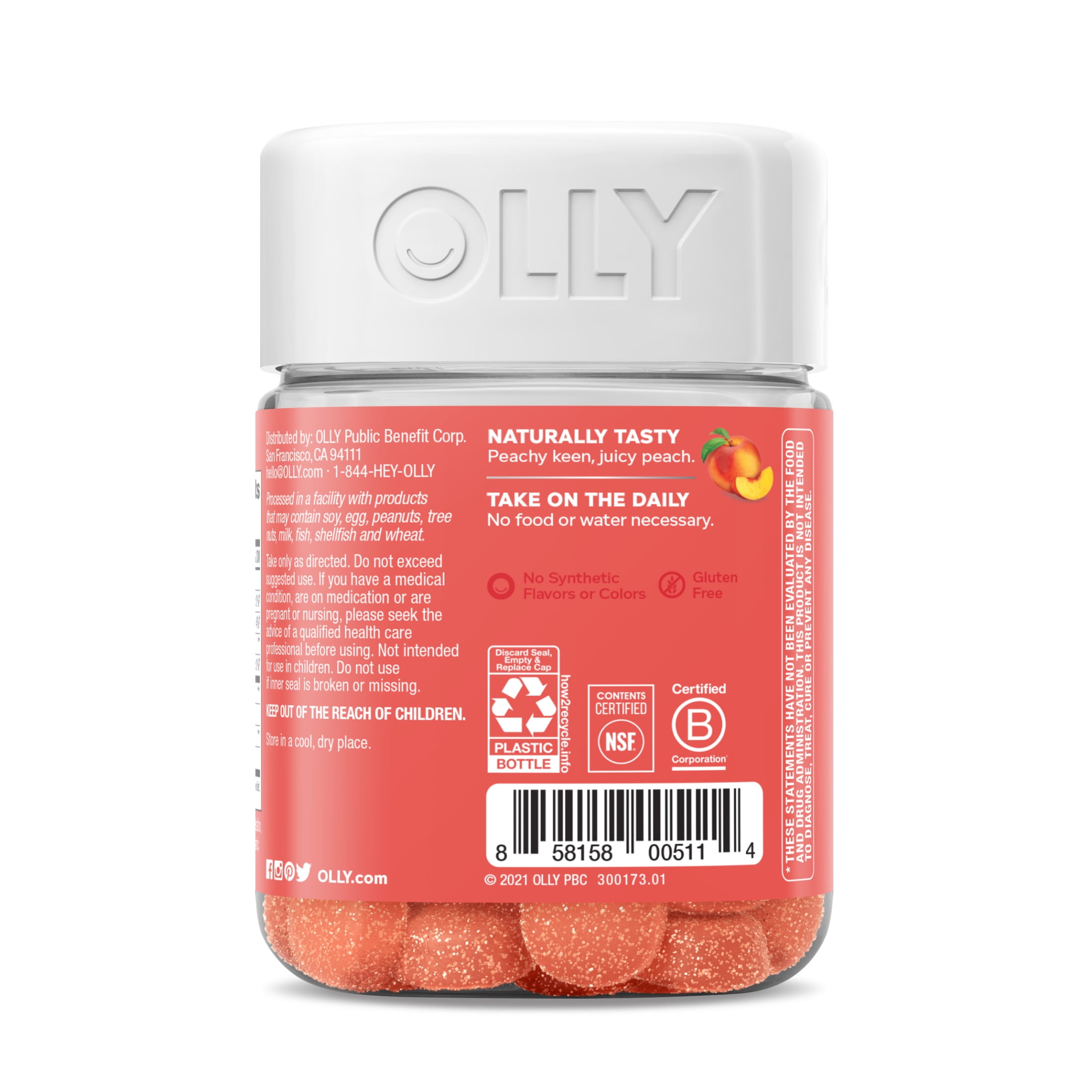 OLLY Probiotic Prebiotic Fiber Gummy Digestive Gut Health Supplement Peach 30 Ct