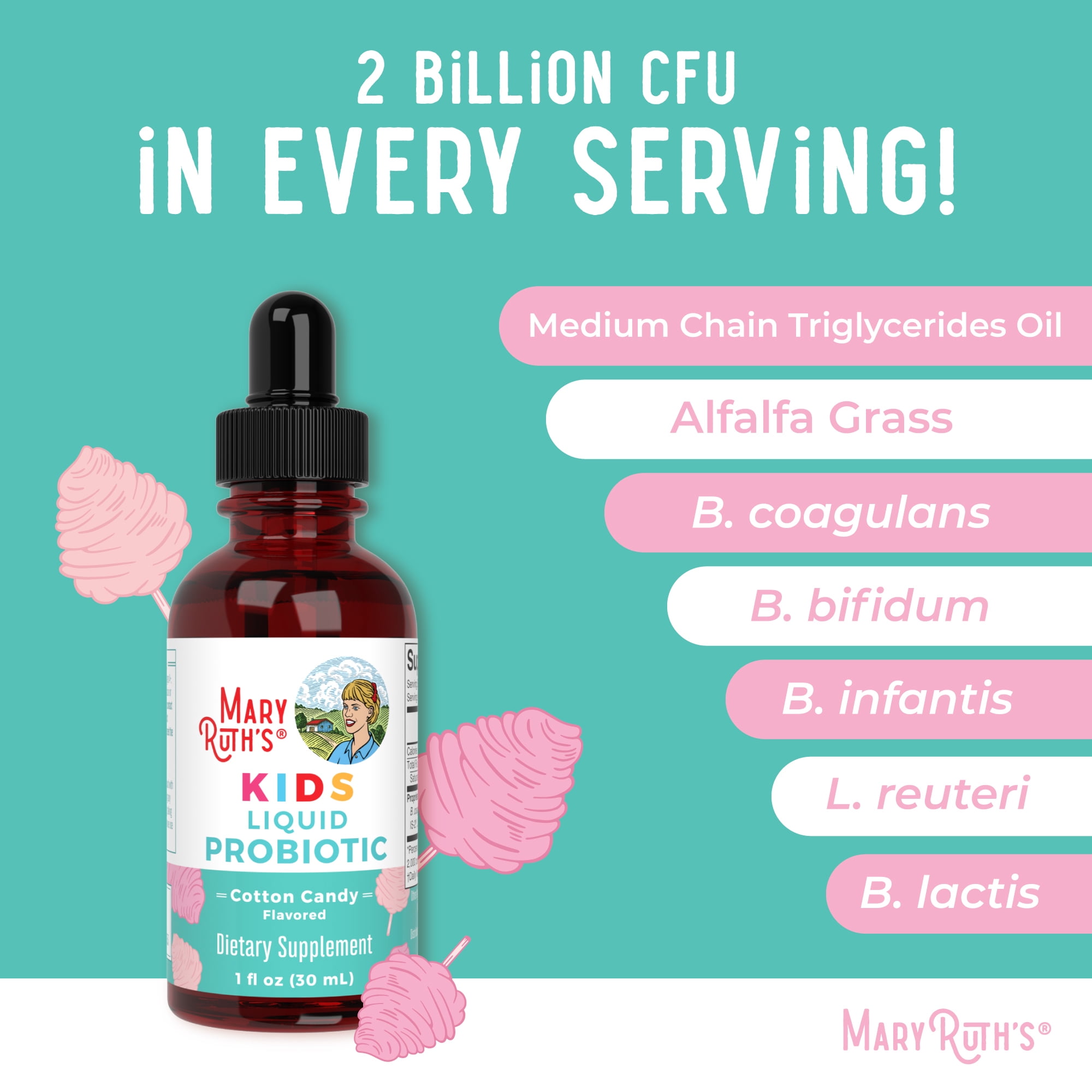 MaryRuths Kids Liquid Probiotic Gut Health Immunity Childrens Health Cotton Candy Flavored 1 fl oz
