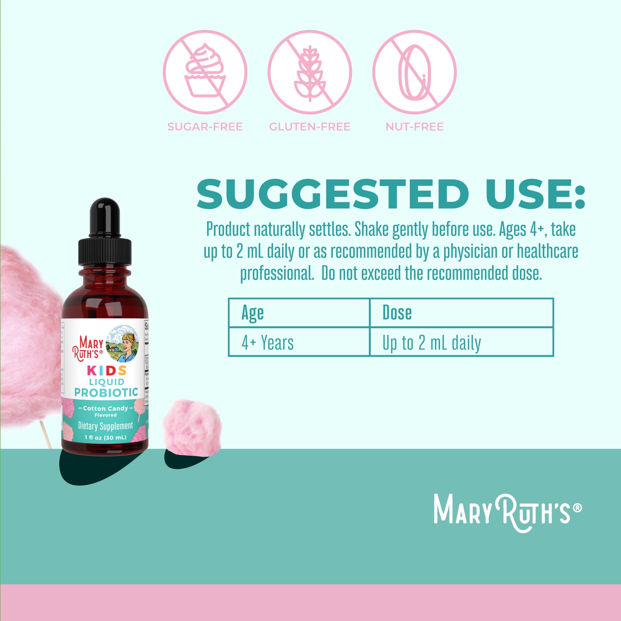 MaryRuths Kids Liquid Probiotic Gut Health Immunity Childrens Health Cotton Candy Flavored 1 fl oz
