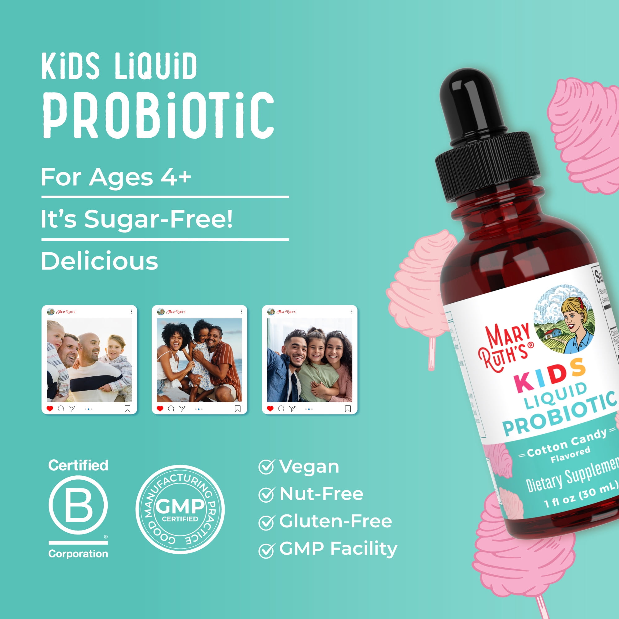 MaryRuths Kids Liquid Probiotic Gut Health Immunity Childrens Health Cotton Candy Flavored 1 fl oz