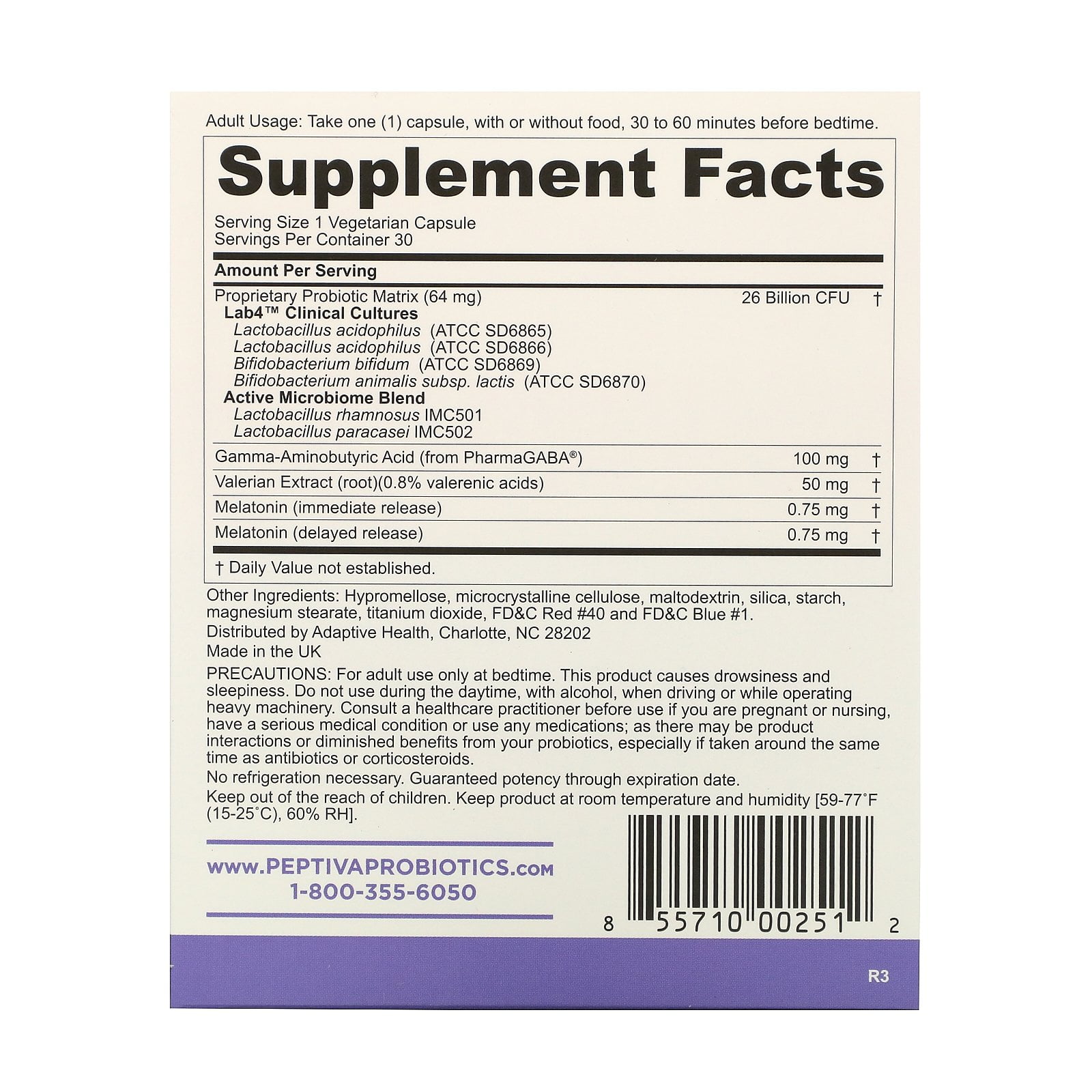 Peptiva Probiotic Sleep Support 26 Billion CFU Multi-Strain Lactobacillus Acidophilus Bifidobacterium Melatonin 30ct