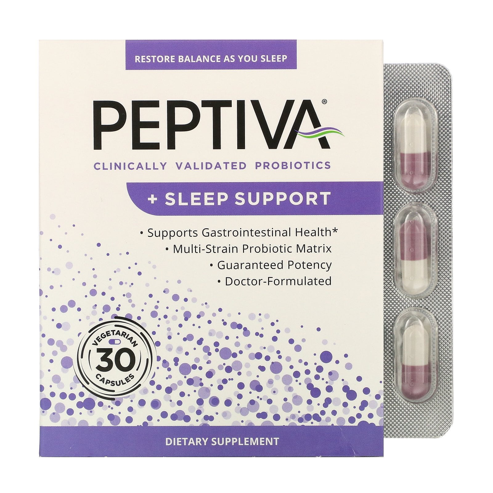 Peptiva Probiotic Sleep Support 26 Billion CFU Multi-Strain Lactobacillus Acidophilus Bifidobacterium Melatonin 30ct