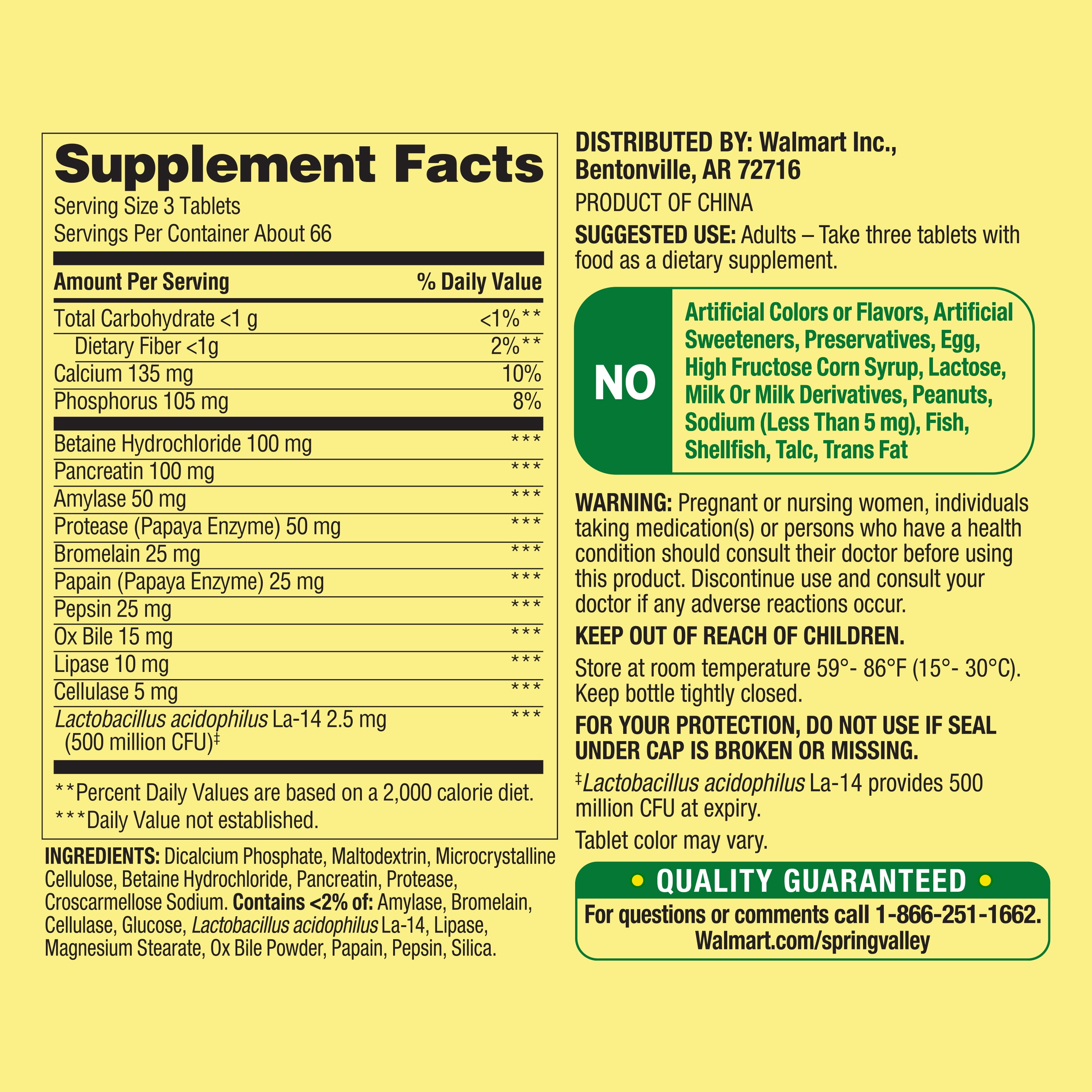 Spring Valley Probiotic Multi-Enzyme Digestive Formula 200 Count Tablets for Digestion Support