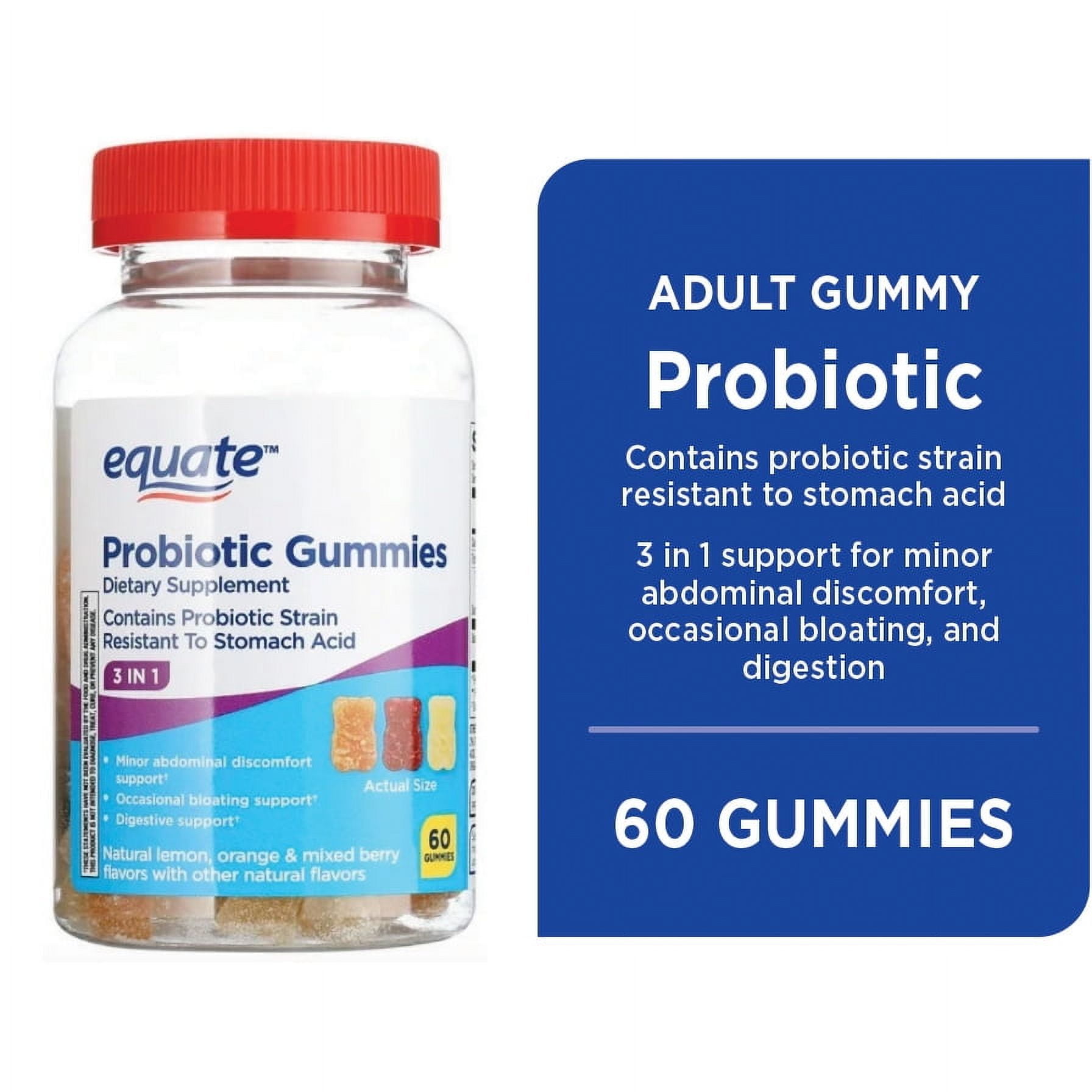 Equate 3in1 Daily Probiotic Gummies Natural Fruit Flavors 60 Count Unisex