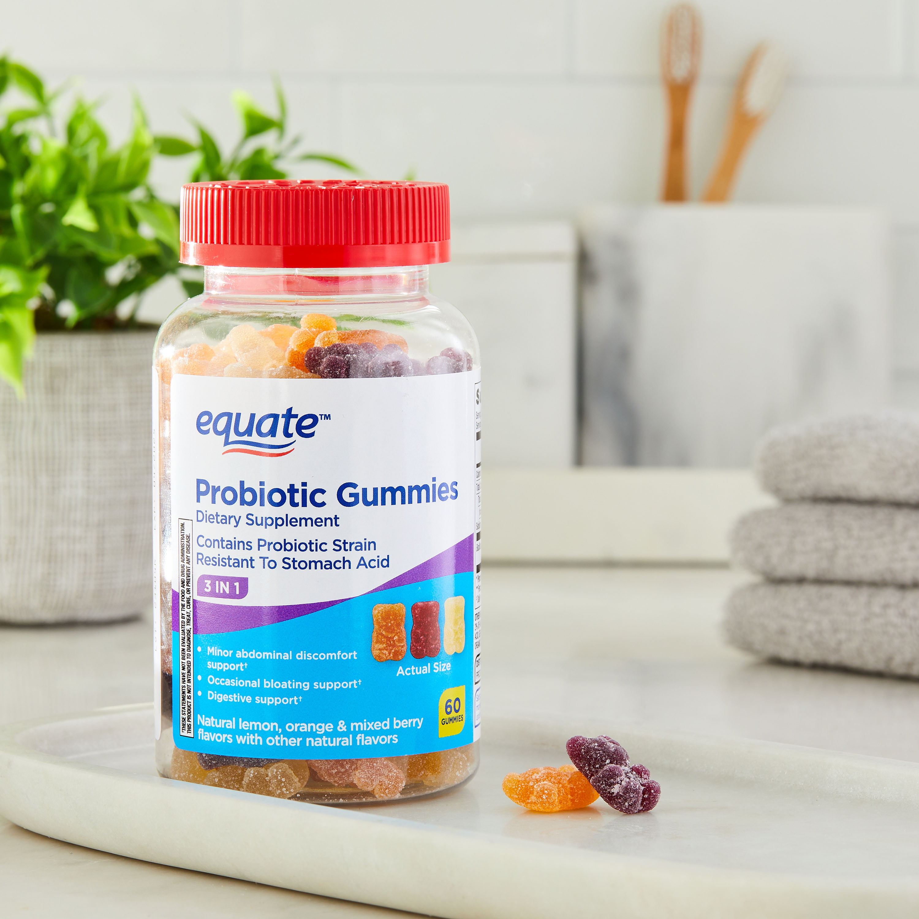 Equate 3in1 Daily Probiotic Gummies Natural Fruit Flavors 60 Count Unisex