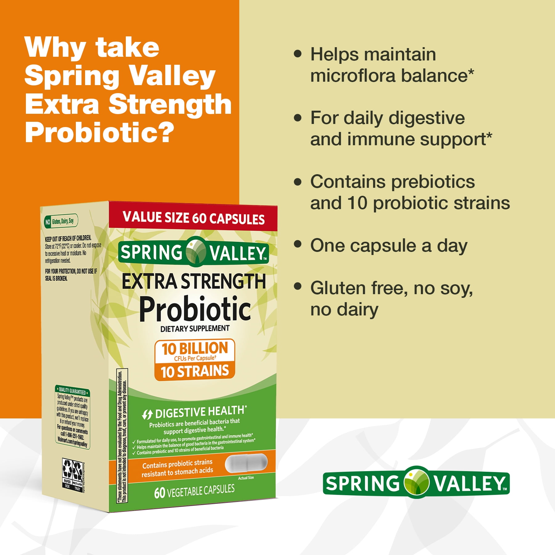 Spring Valley Extra Strength Probiotic Vegetable Capsules 10B CFU 60 Ct