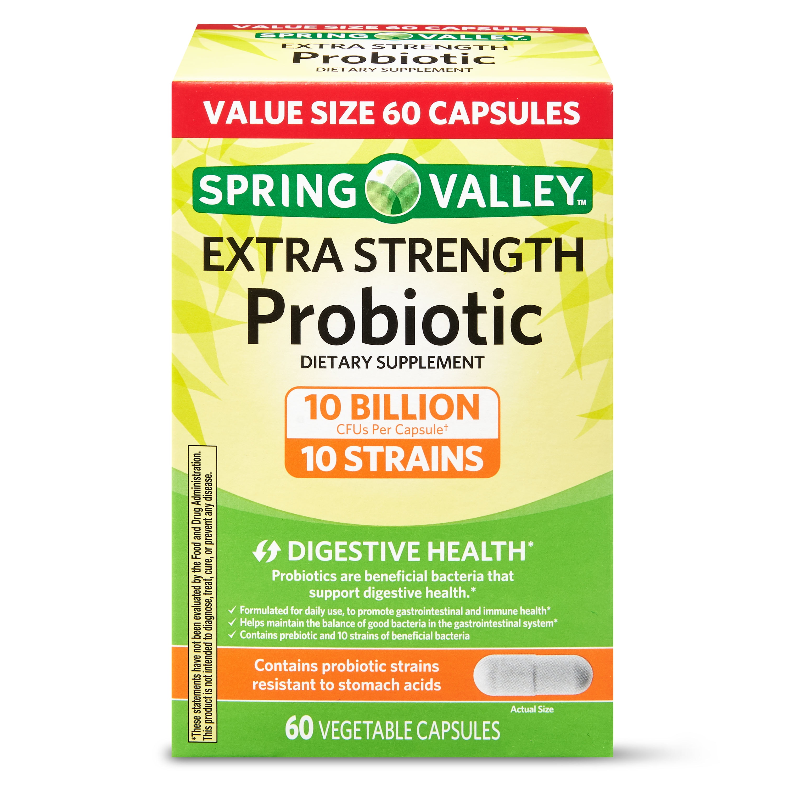 Spring Valley Probiotic Vegetable Capsules Extra Strength 10B CFU 60 Count