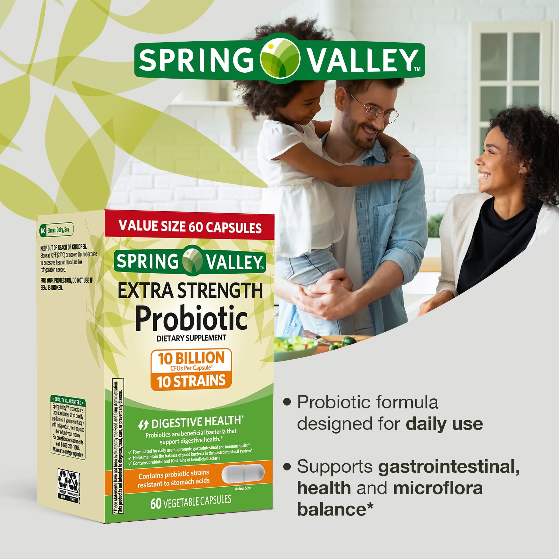 Spring Valley Probiotic Vegetable Capsules Extra Strength 10B CFU 60 Count
