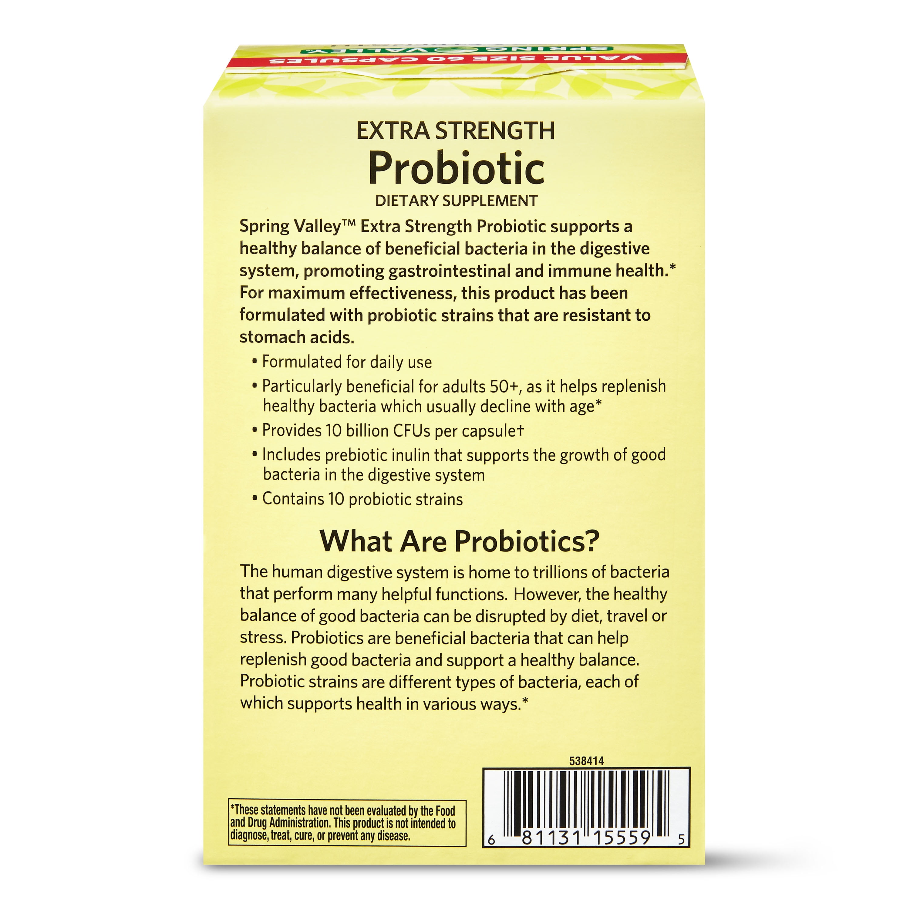 Spring Valley Probiotic Vegetable Capsules Extra Strength 10B CFU 60 Count