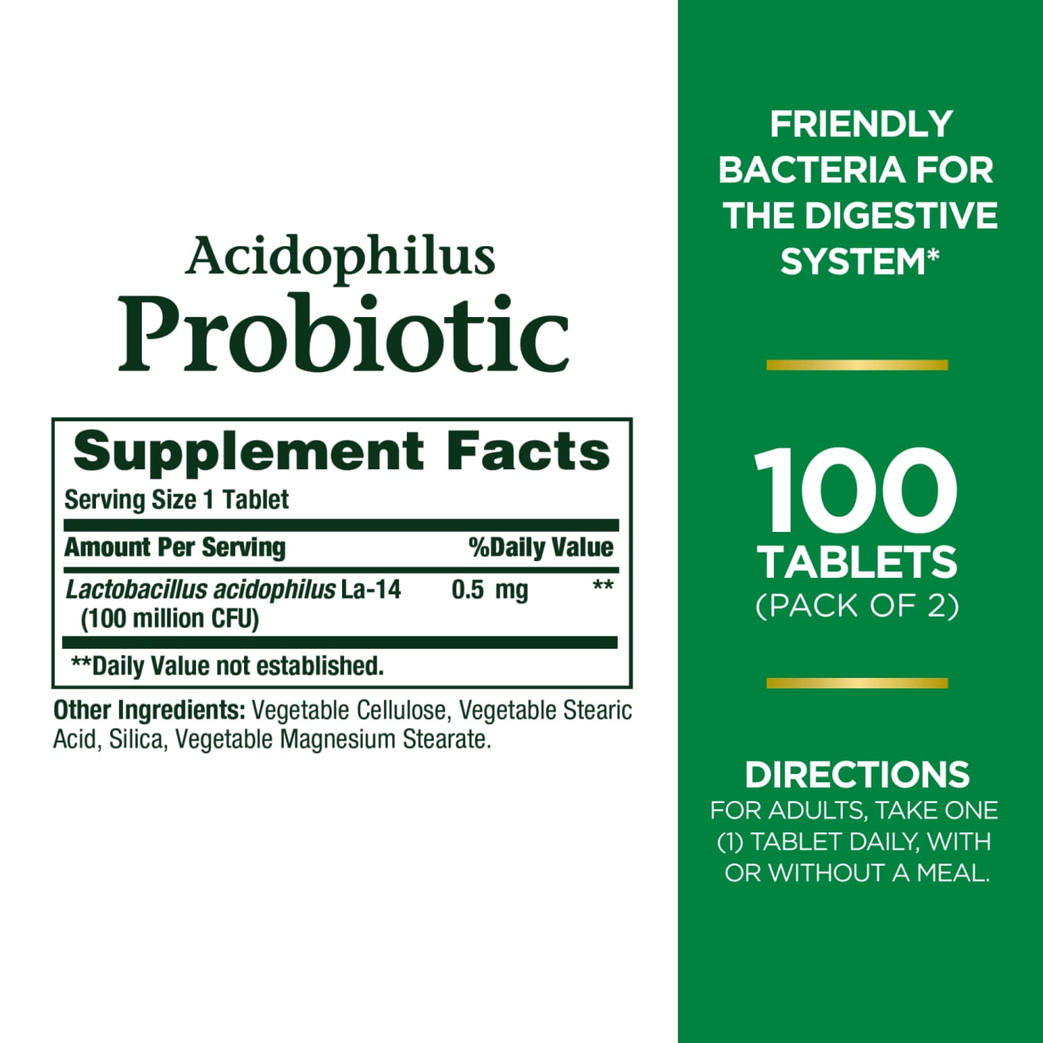 Nature's Bounty Acidophilus Probiotic Digestive Health Supplement 100 Ct 2 Pack Men Women