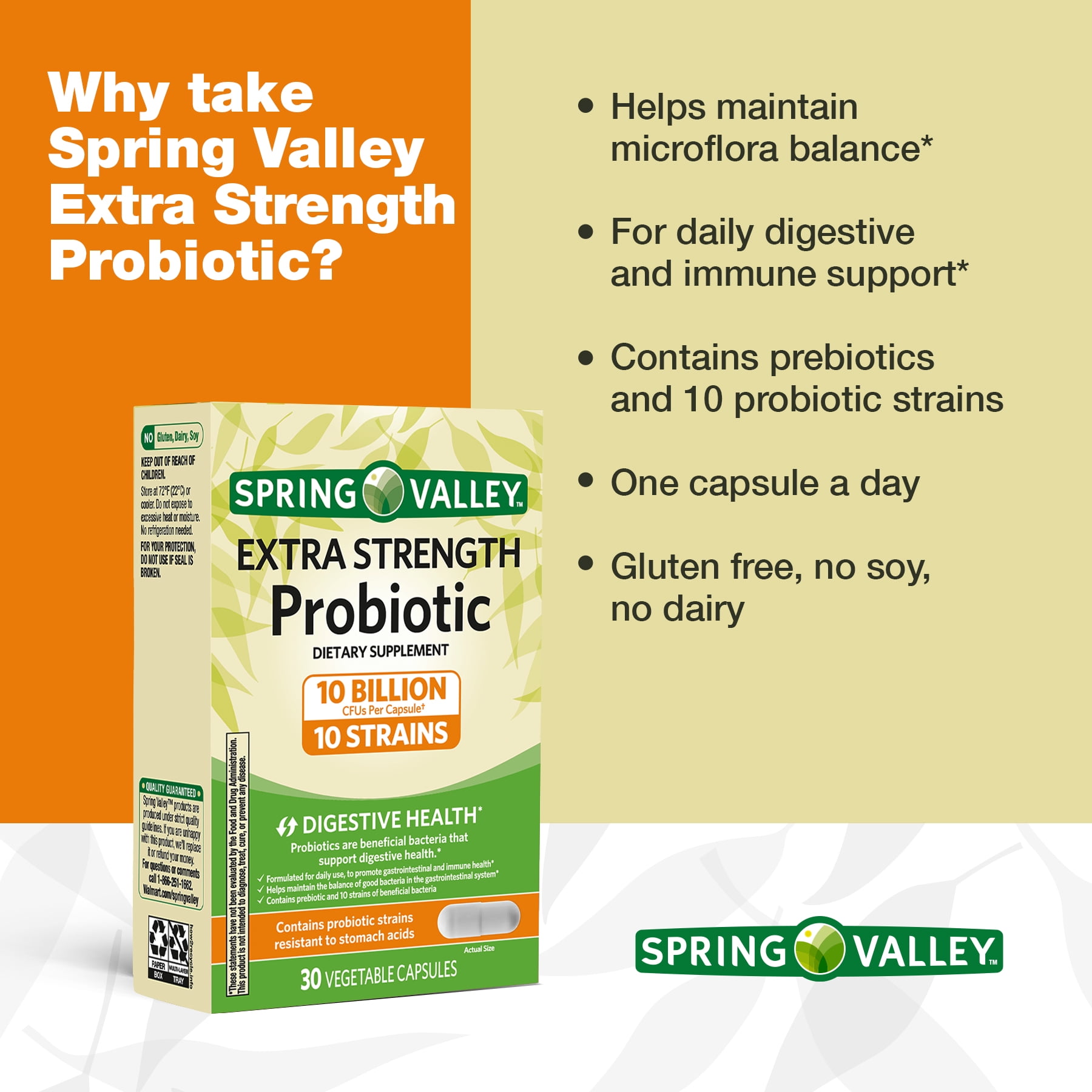 Spring Valley Extra Strength Probiotic Vegetable Capsules 30 Count for Digestive Health