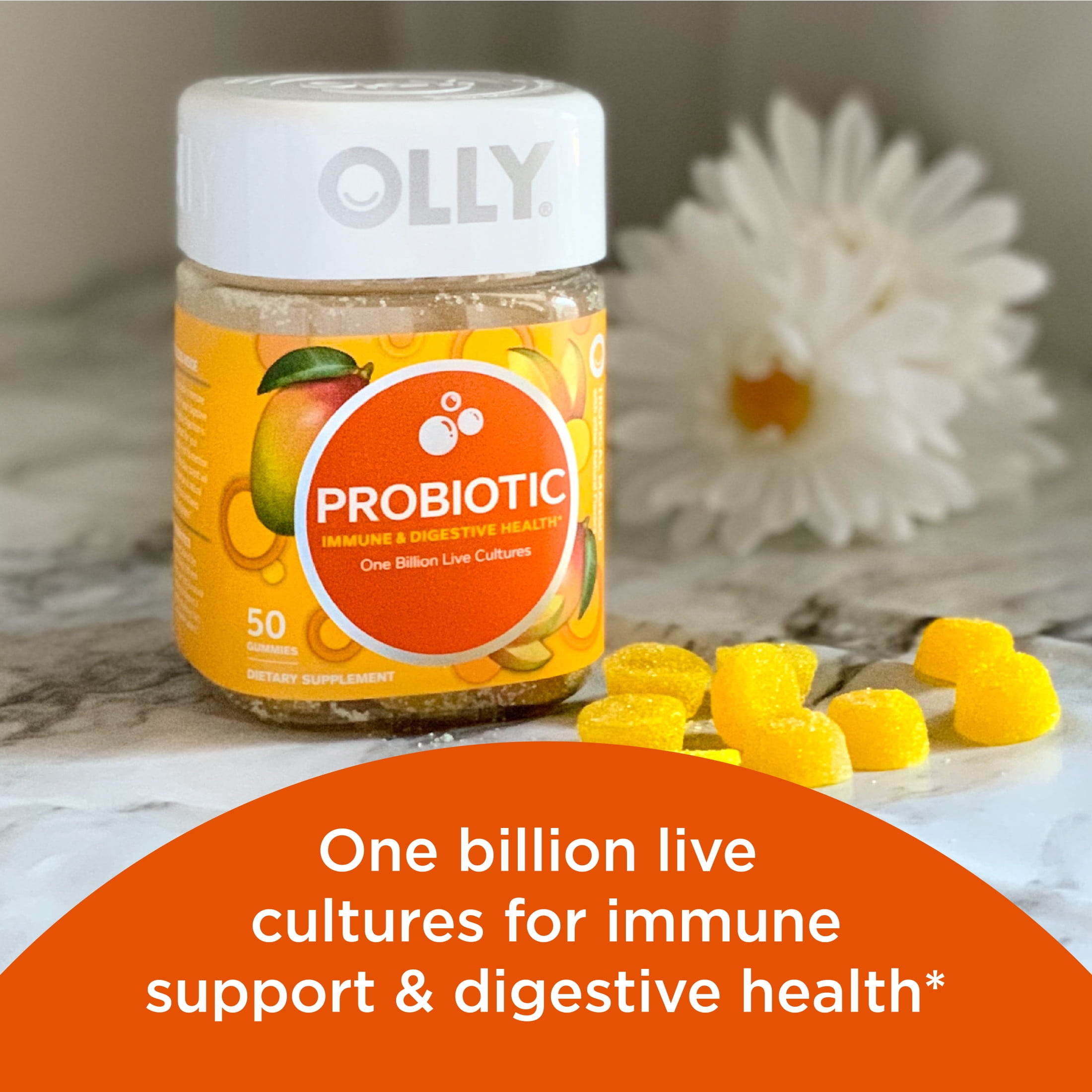 OLLY Probiotic Gummy Immune Digestive Health Supplement Mango Flavor 50 Ct